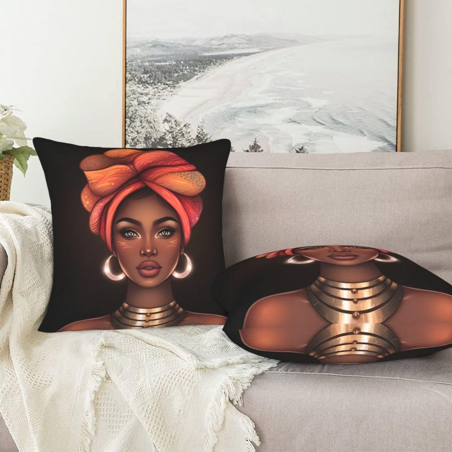 Fiokroo African Black Girl Afro Woman Throw Pillow Covers Set of 2 Pillow Cushion Cases Square Pillowcases for Sofa Bedroom Living Room Car, 18 X 18 Inch