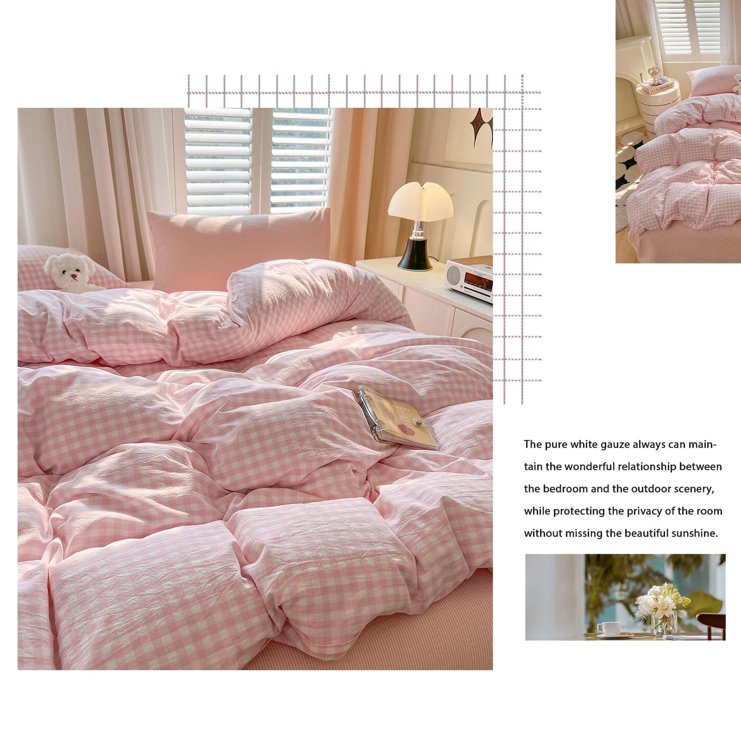 VM VOUGEMARKET Pink Gingham Duvet Cover Set for Girls, Queen Size