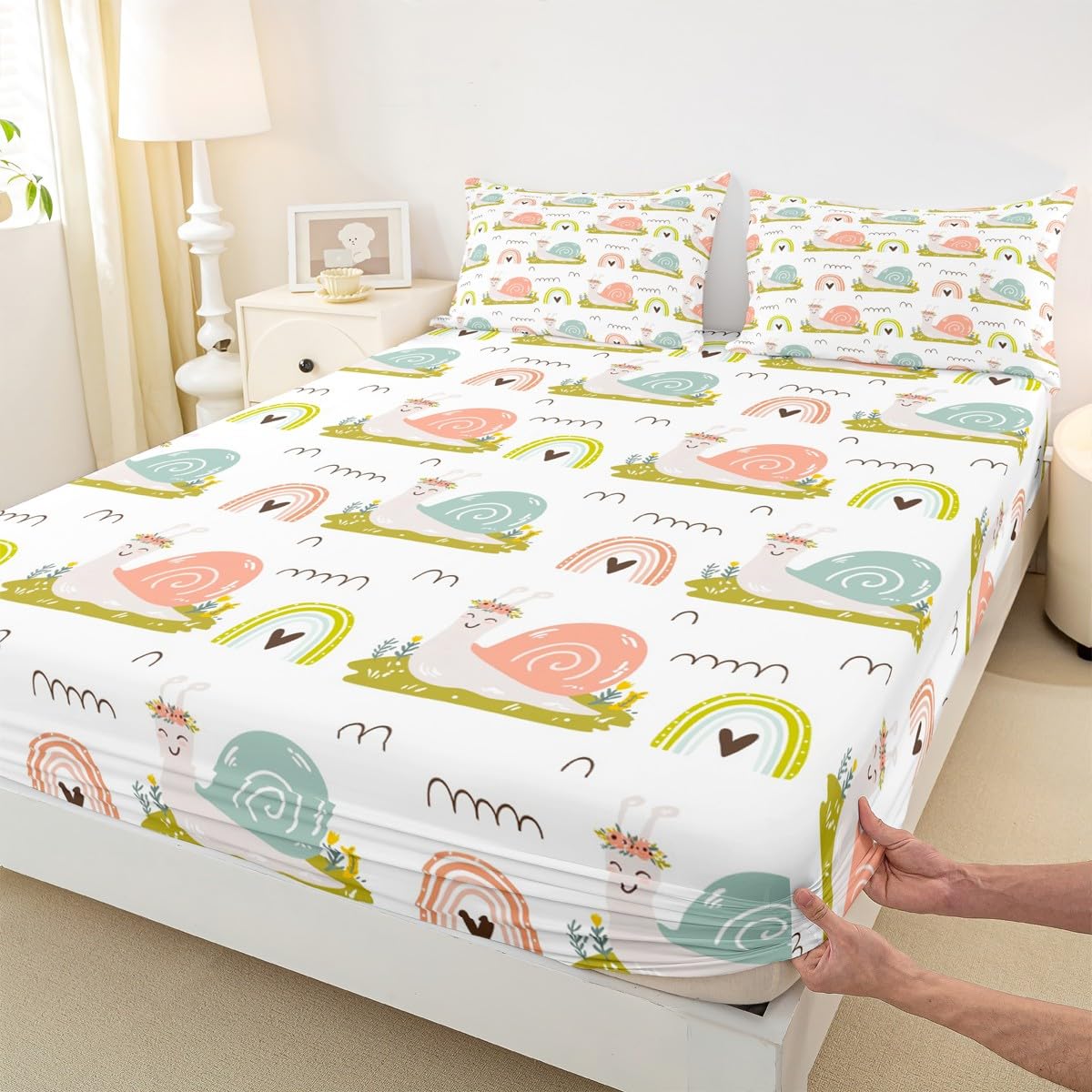 Homewish Cartoon Snail Bed Sheet Twin Size Cute Rainbow Bedding Set 3Pcs for Kids Girls Boys Teens Room Decor,Nature Spring Animals Fitted Sheet Pink Green Stripes Top Flat Sheet,1 Pillowcase