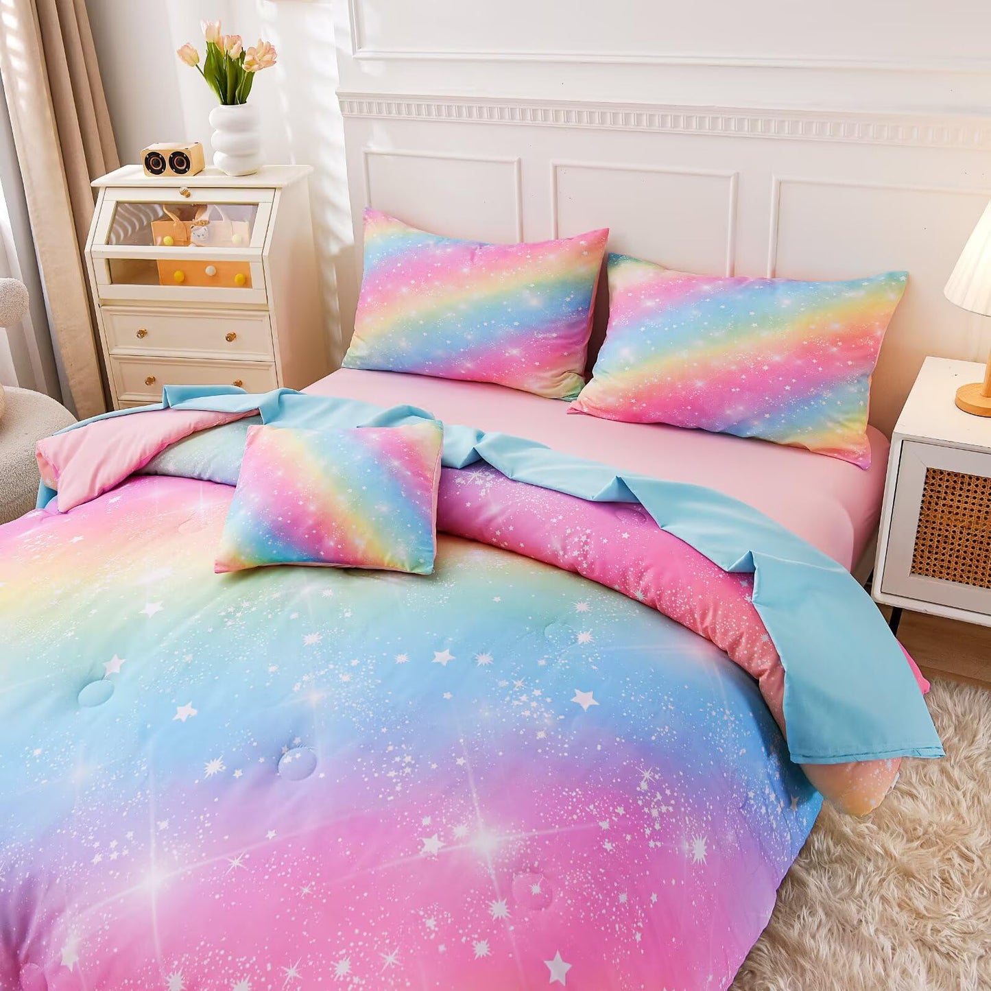GRAT TIOC 6 Pieces Pink Twin Comforter Set for Girls,Kids Glitter Galaxy Rainbow Bedding Sets Bed in A Bag (1 Comforter, 1 Flat Sheet,1 Fitted Sheet,2 Pillowcases and 1 Cushion Cover)