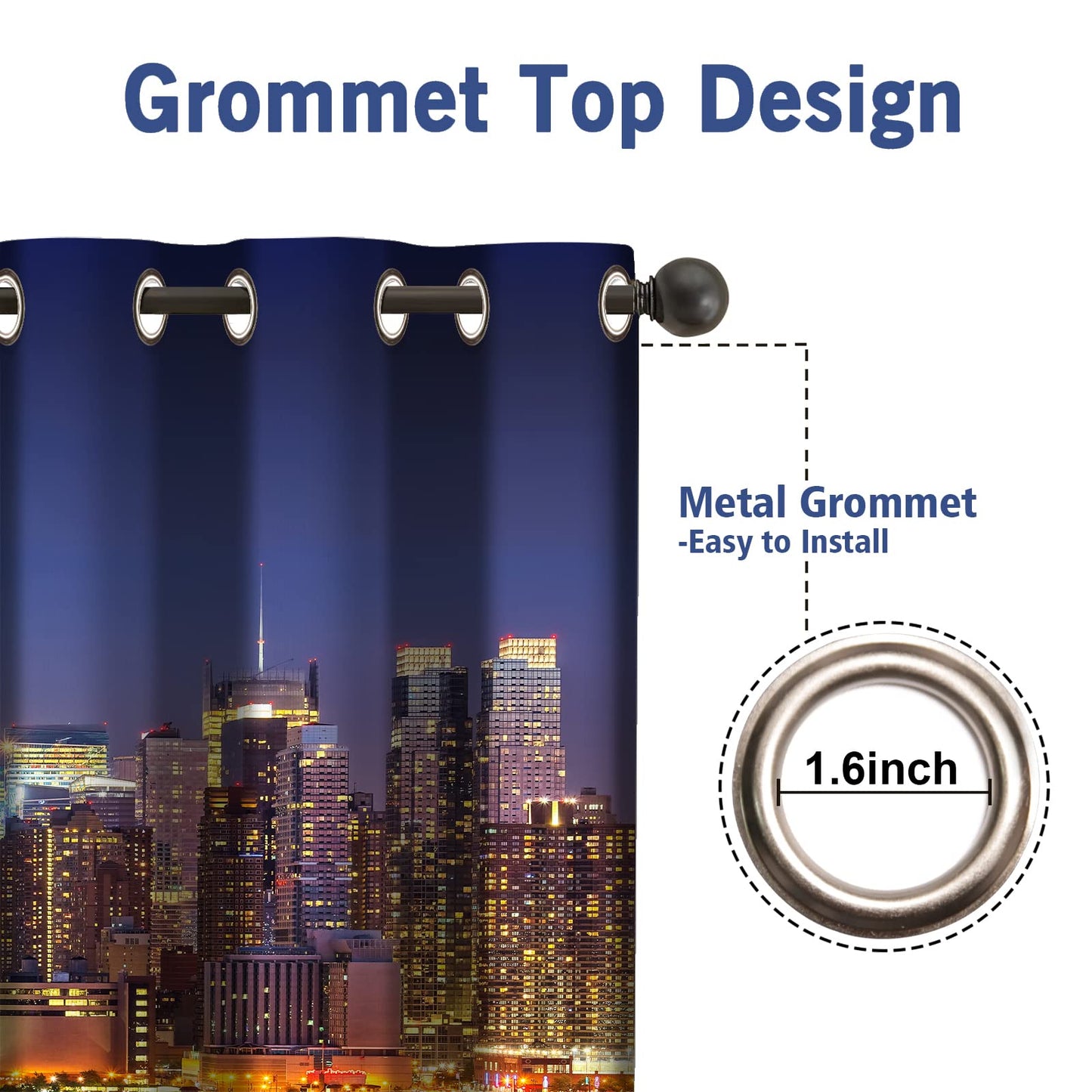 Jekeno City Landscape Blackout Curtains New York Manhattan Midnight Cityscape Ocean Reflection by The Coast Scenery Urban Decor for Bedroom Living Room Grommet Window Drapes 2 Panel Set, 52"x84"