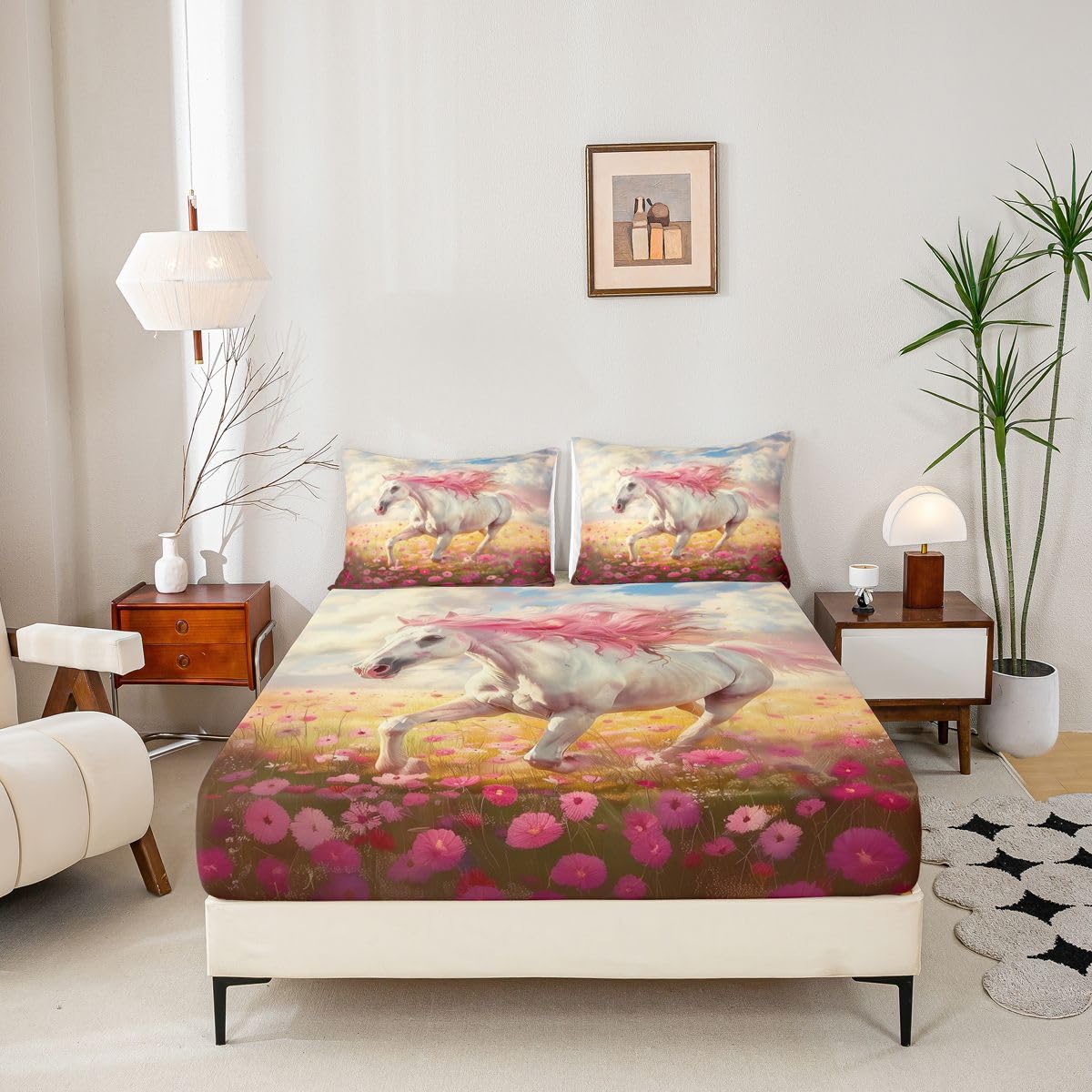 jejeloiu Galloping Horse Bed Sheets Set Queen Size Colorful Flower Deep Pocket Fitted Sheet Rustic Farmhouse Bedding Sets Wild Animal Soft Bed Set 4Pcs with 2 Pillow Cases