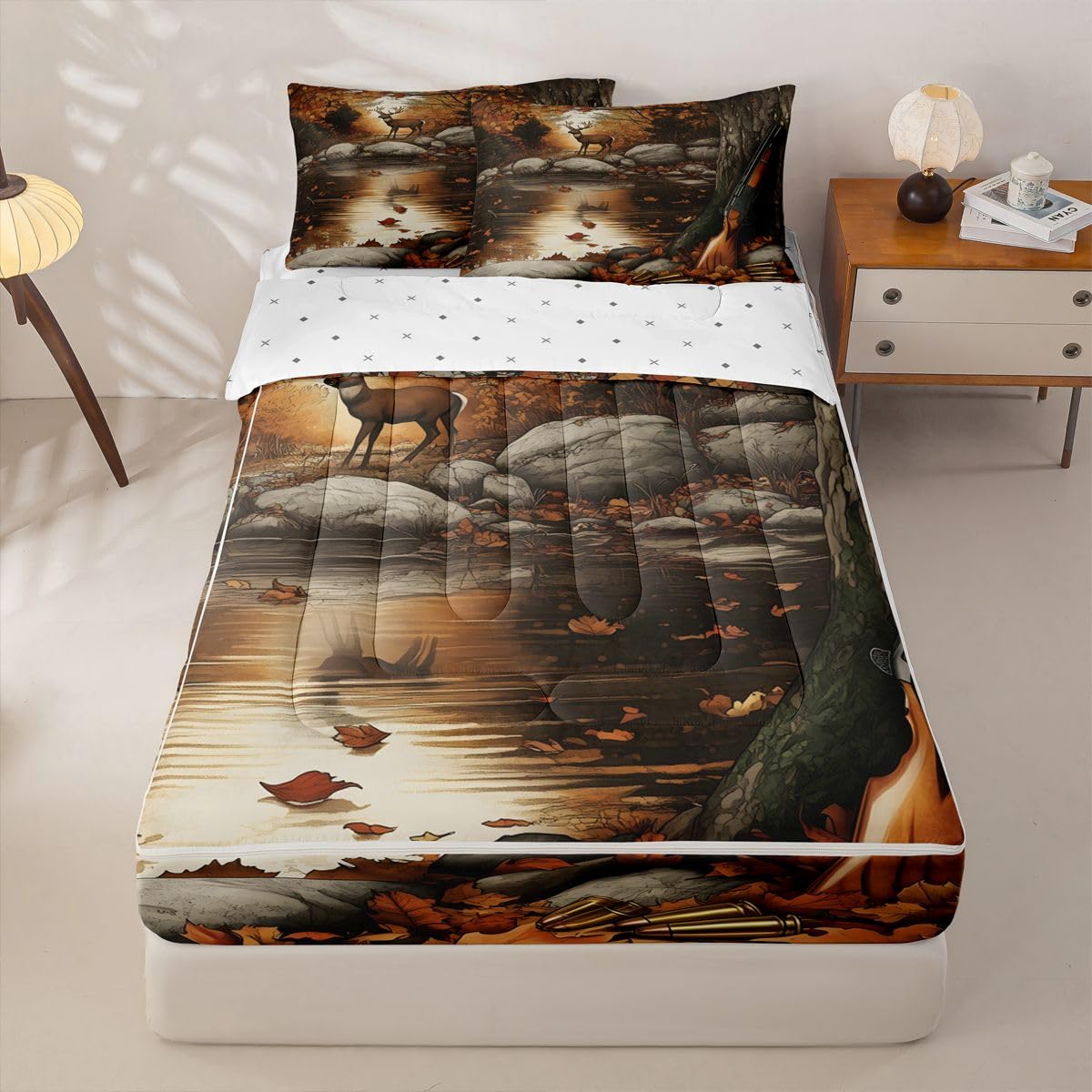 jejeloiu Deer Zipper Bedding Twin Hunting Wildlife Zipper Bedding Sets for Kids Boys Girls Autumn Pond Comforter Set with Fitted Sheet and 2 Pillowcases Rustic Bedroom Decor