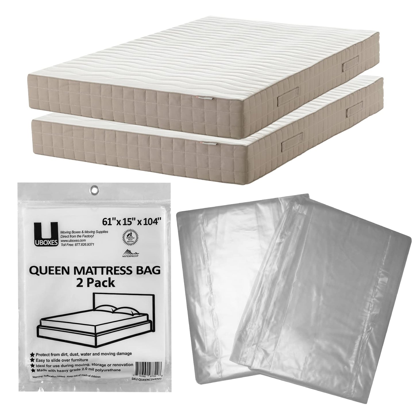 UBOXES Queen Size Mattress Covers/Bags 61" x 15" x 104" Moving Supplies (QUEENCOVER02) (packaging may vary)