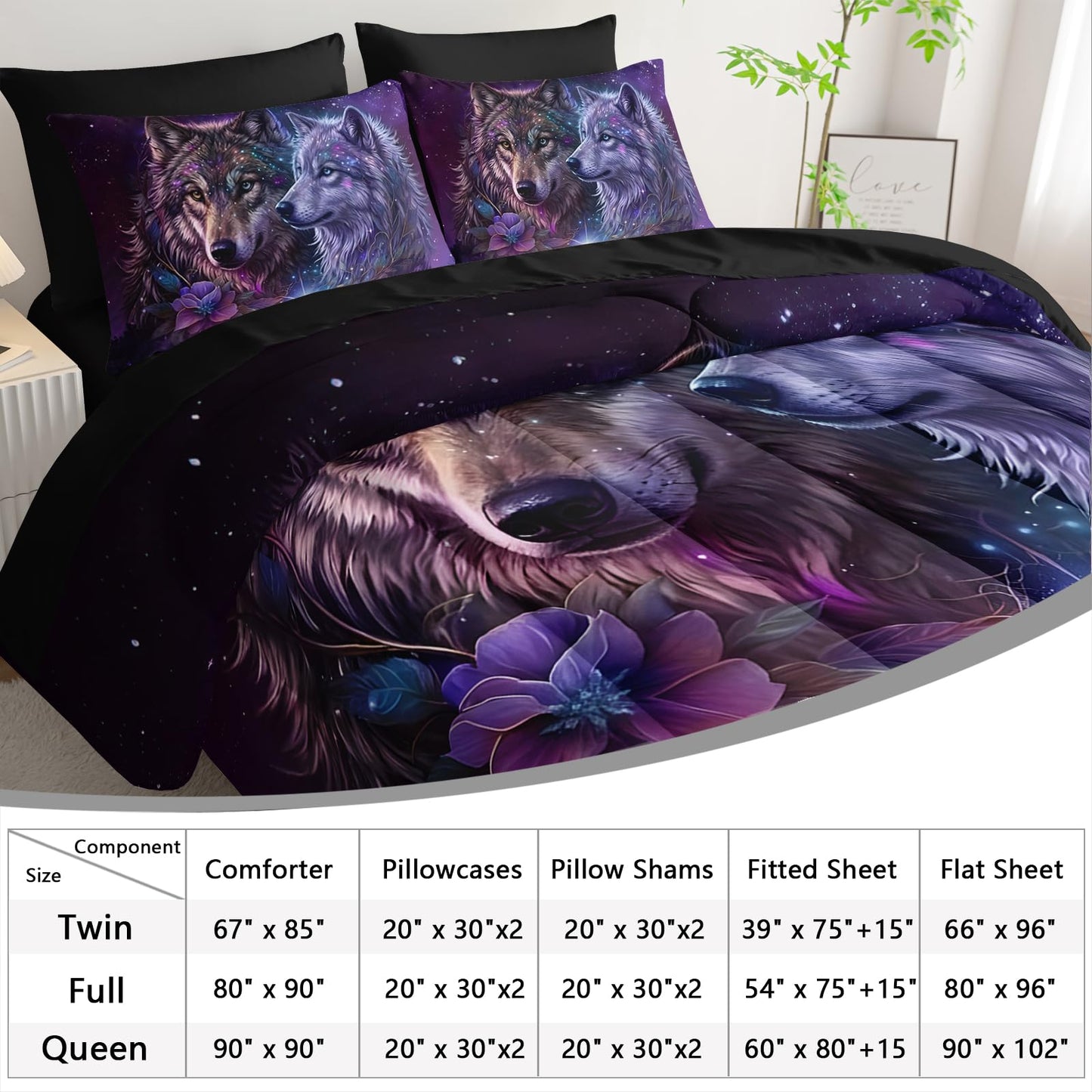 AILONEN Wolf Comforter Bedding Set Full Size,Purple Starry Night Galaxy Bed in a Bag,7Pcs Soft Microfiber Black Comforter,Fitted Sheet,Flat Sheet,2 Pillowcases,2 Pillow Shams