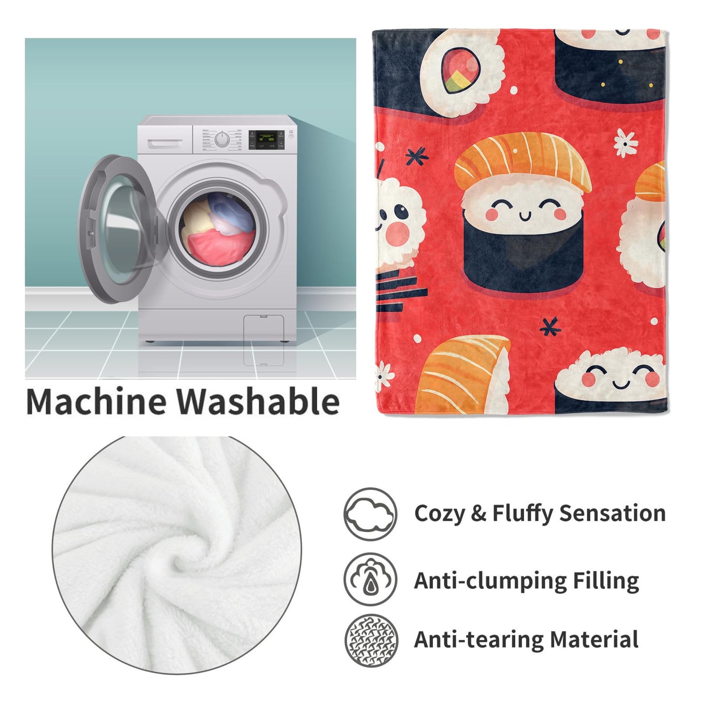 VANZEV Cute Sushi Blanket Gifts for Women, Sushi Flannel Blanket, Soft Warm Lightweight Throw Blankets for Bed Couch Home Travel Sushi Decor 50" x 60"