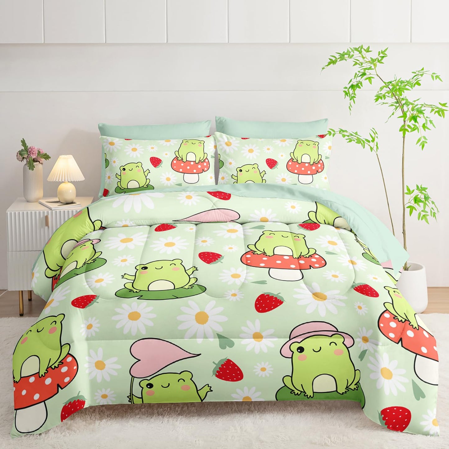 AILONEN Kawaii Frog Comforter Set Full 7-Piece Bed in a Bag,Green Cute Frog Bedding Set for Kids Boys Girls,Soft Comforter & Fitted Sheet with Flat Sheet,2 Pillowcases,2 Pillow Shams