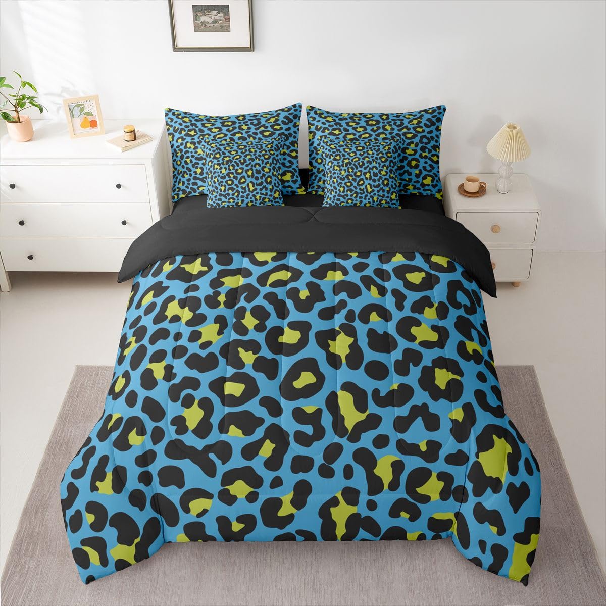 Erosebridal Leopard Print 7-Piece Boys Comforter Set King Size Western Cheetah Bedding Set Blue Leopard Decor Bed in A Bag African Safari Animal Sheets for Kids Teens Adult Men Bedroom Decor