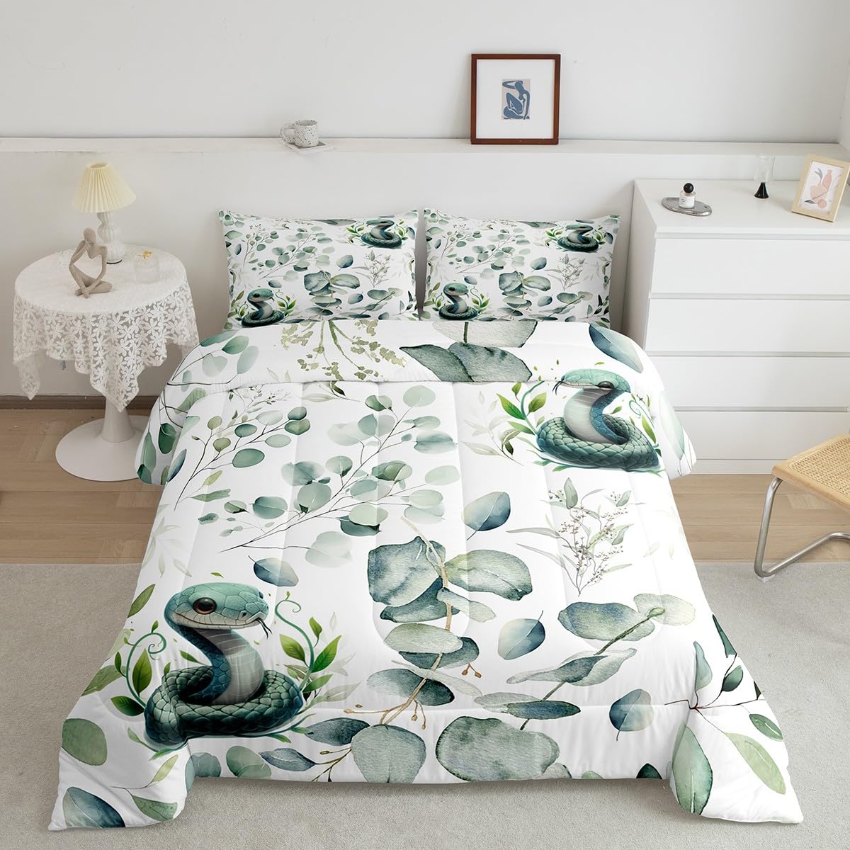 Erosebridal 7-Piece Cute Snake Bedding King for Kids Child Green Eucalyptus Comforter Set, Wild Animal Bedding Comforter Sets Botanical Plant Leaves Bed in a Bag, Cartoon Wildlife Bedding Accessories