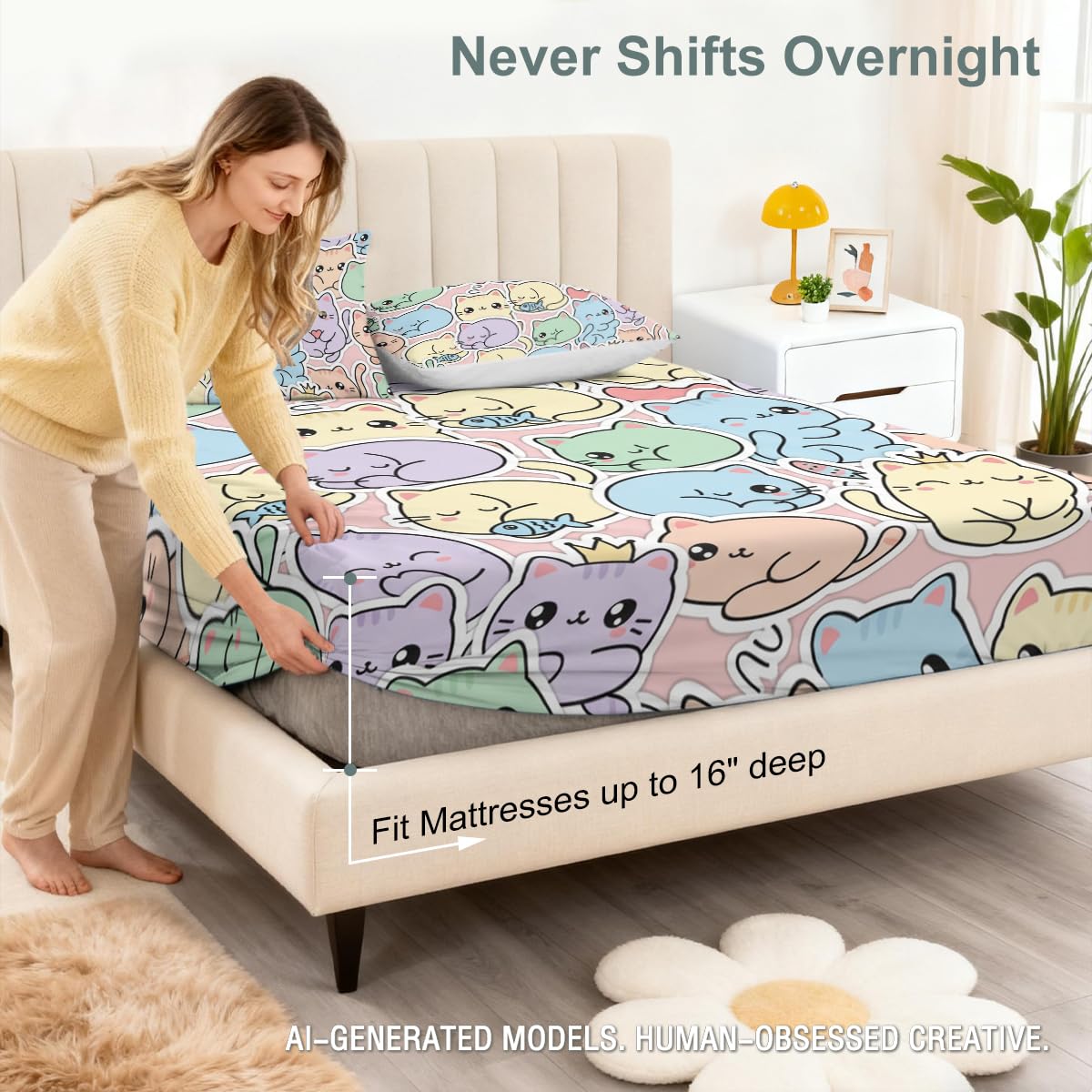 ARIGHTEX Cute Cat Fitted Sheet Set Twin Size, 3 Pieces Cozy Kawaii Bedding for Stress Relief Sleep, Pastel Cartoon Kitty Microfiber Deep Pocket Bed Sheets with 2 Pillowcases (No Flat Sheet)