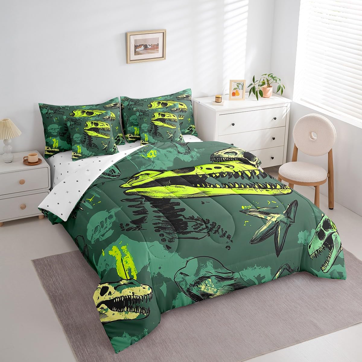 Erosebridal Dinosaur Comforter Set 7 Piece Bed in a Bag Twin,Goth Dino Bone Bedding Sets Gothic Sugar Skull Sheet Set with Comforter,Jungle Wild Animals Skeleton Bed Set