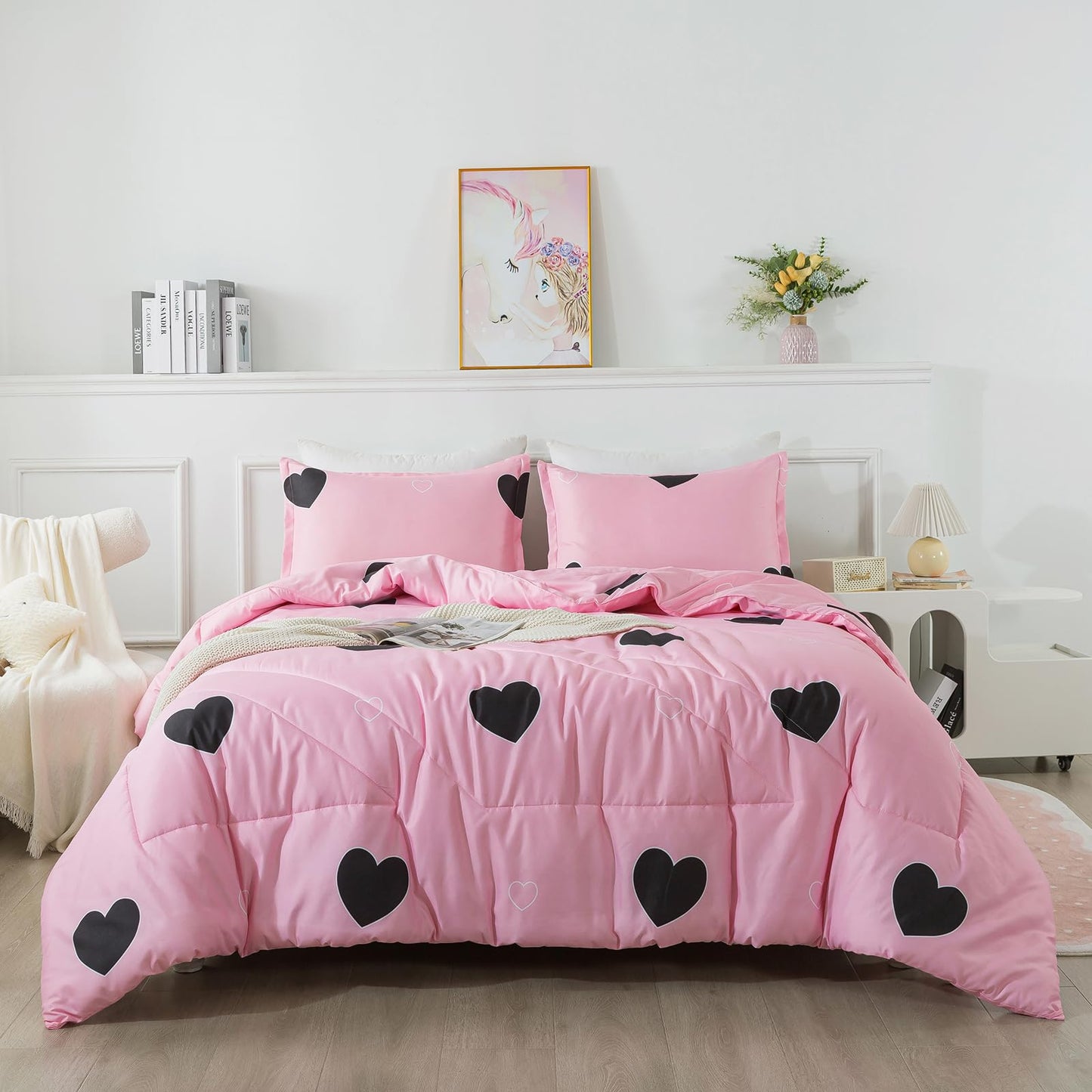 Caressma Girls Pink Comforter Set Twin Size - Blush Pink Cute Love Heart Print Comforter Bedding Set for All Seasons, Geometric Soft Microfiber Comforter Set with Pillowsham