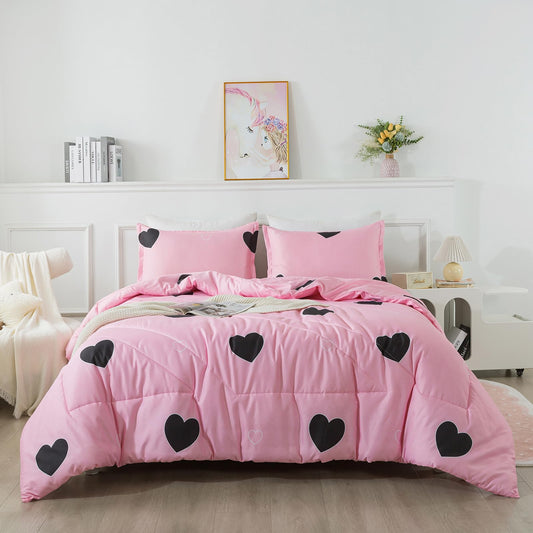 Caressma Girls Pink Comforter Set Twin Size - Blush Pink Cute Love Heart Print Comforter Bedding Set for All Seasons, Geometric Soft Microfiber Comforter Set with Pillowsham