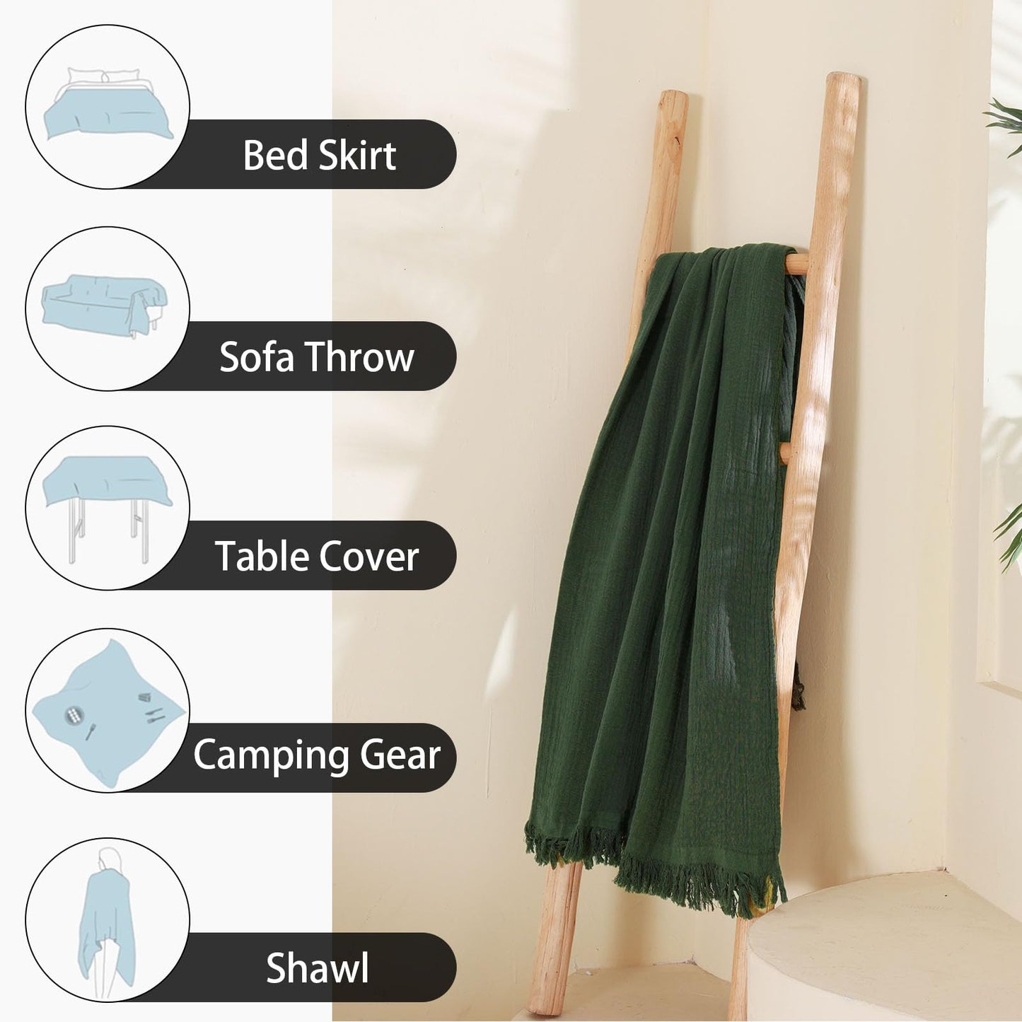 Yoenillo Cotton Muslin Throw Blanket with Tassels, Lightweight Woven Gauze, Pre-Washed Breathable Farmhouse Decor for Bed, Couch, All-Season Use (Olive Green, 50" x 60")