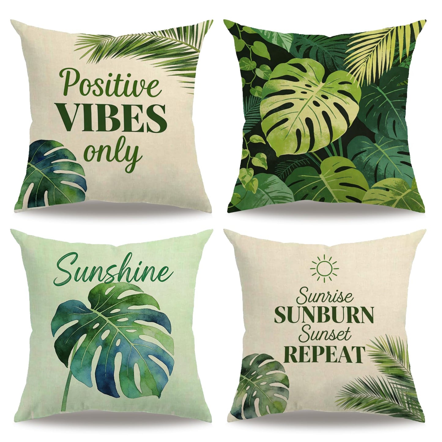 Set of 4 Summer Tropical Leaves Throw Pillow Covers 18x18 Inch, Green Plant Positive Vibes Sunshine Quote Cushion Cover Farmhouse Summer Sunshine Home Decor Pillowcases ,for Sofa Couch Patio (Green)