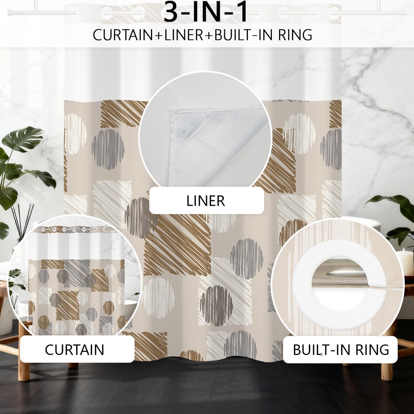 NAEMBCU No Hook Shower Curtain with Snap in Liner, 71x74 Inch