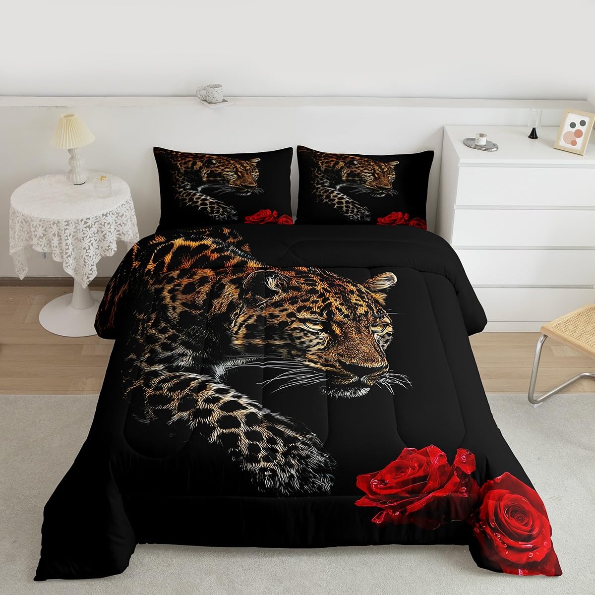 Erosebridal Leopard Comforter Set Queen Size,Red Rose Cheetah Bedding Set,Cat Leopard Print Down Comforter, Romantic Floral Quilted Duvet, Safari Animal Quilt Set, Stylish Bedroom Decor, Black