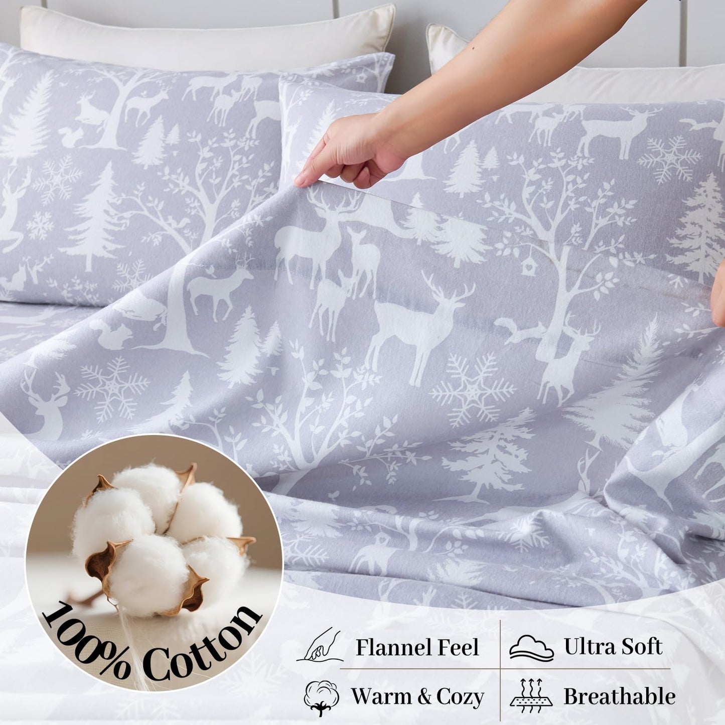 LANYETON 100% Cotton Flannel Sheets, Ultra Soft Cozy Warm Bed Sheets Set for All Season, 16" Deep Pocket, 3PC, Twin