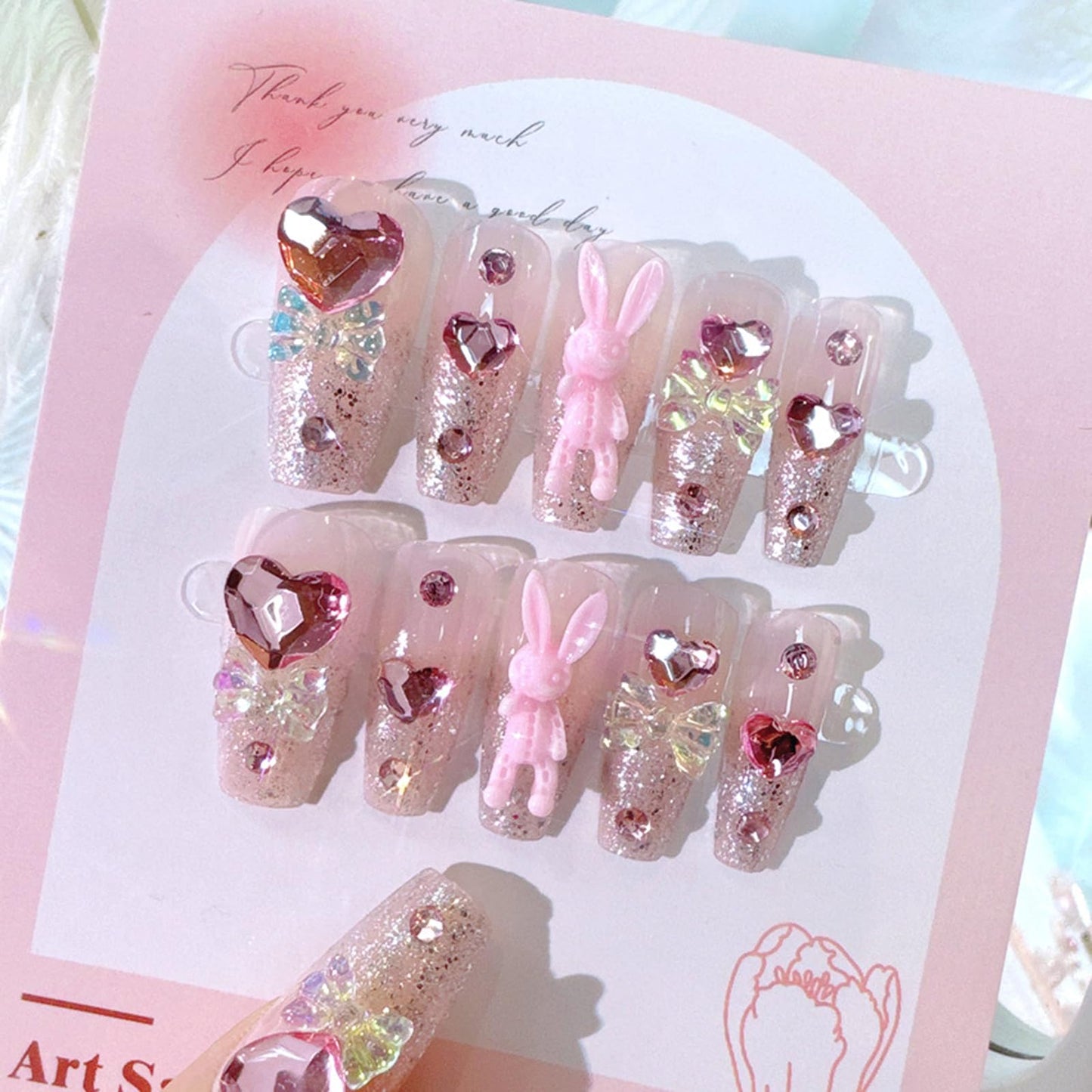 SINHOT Luxury Press on Nails - Long Coffin Fake Nails 3D Handmade Rabbit & Pink Heart Reusable False Nails with Rhinestone Designs,DIY Artificial Nail Art, 24pcs