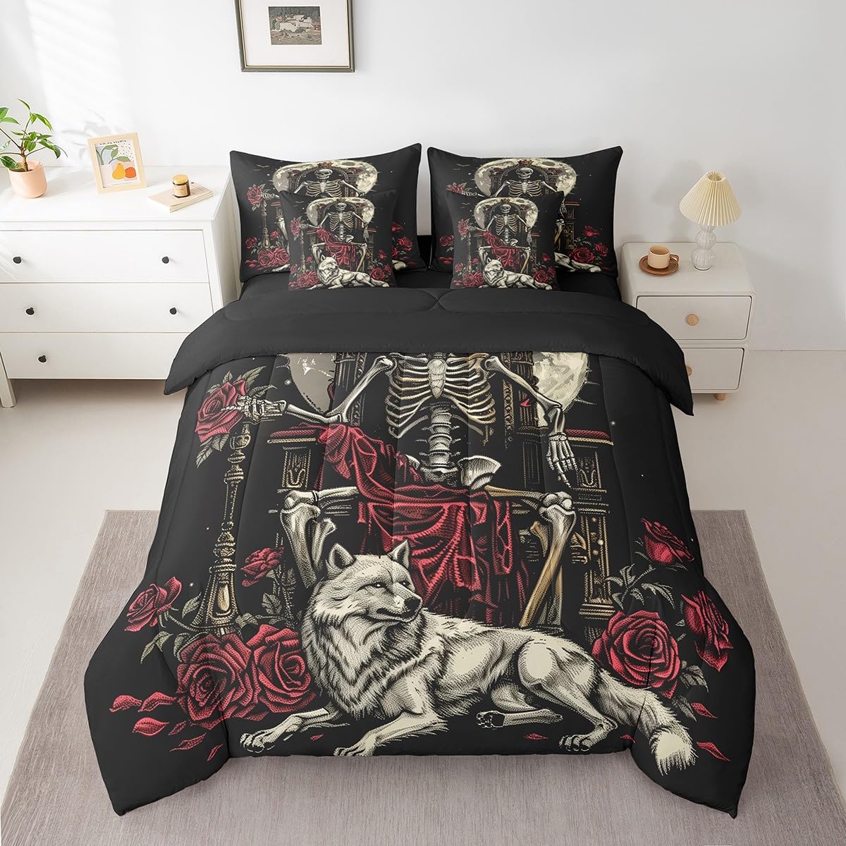 Erosebridal King Skull Bed in A Bag Red Roses Valentine's Day Comforter Set Full Size,Starry Sky Moon 7 Piece Bedding Set Wildlife Wolf Bed Set for Adults Men Women Room Decor