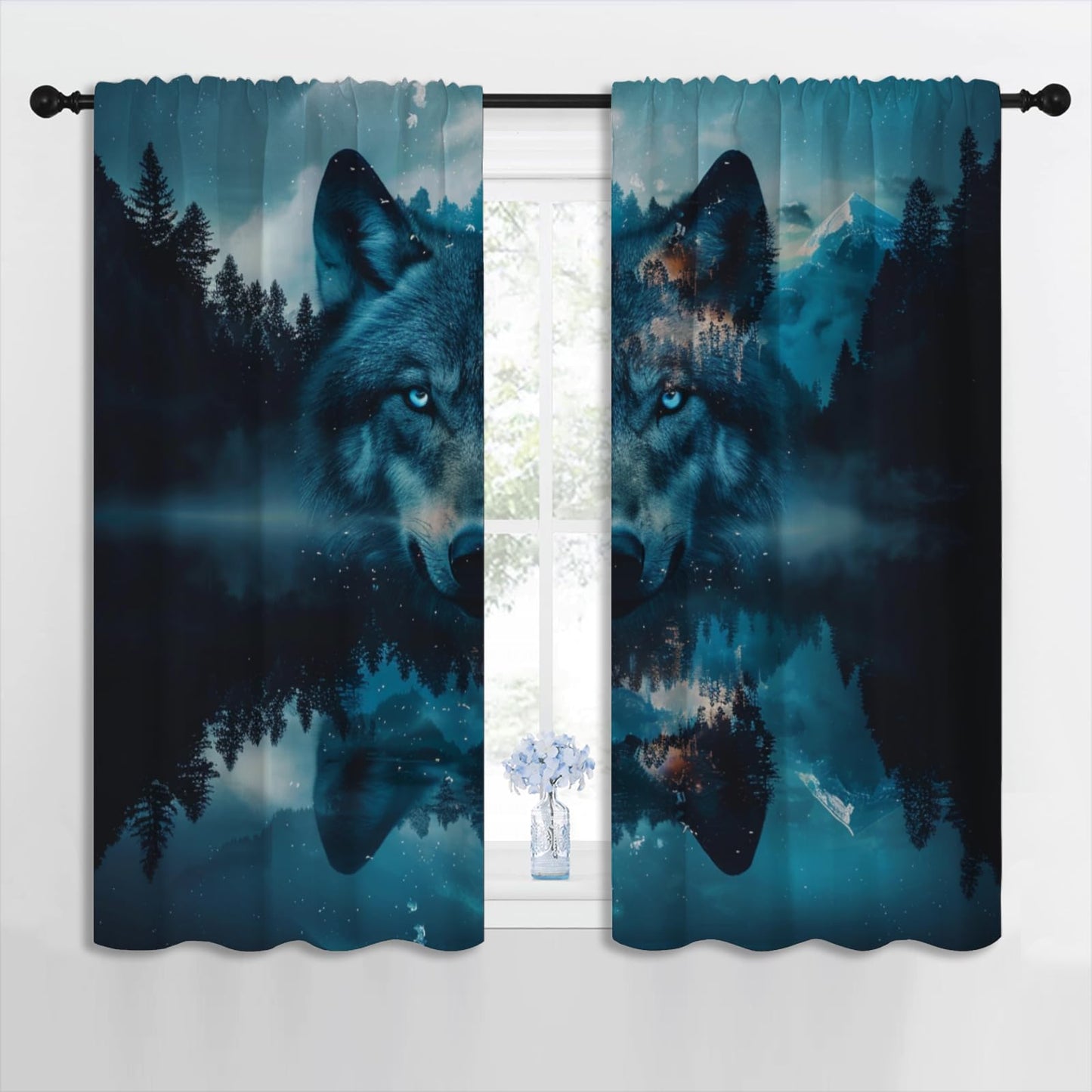 Wolf Blackout Curtains for Boys Girl Bedroom Home Decor, Wildlife Misty Forest Starry Sky Mountains Abstract Art Thermal Insulated Rod Pocket Darkening Living Room Window Drapes, 42 x 45 inch