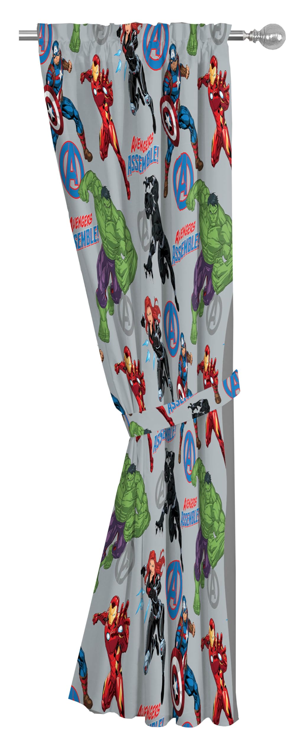 Jay Franco Window Curtains for Kids Bedroom 4-Piece Drape Set with 2 Tiebacks, Grey - Avengers, 42" W x 63" L (Pack of 2)