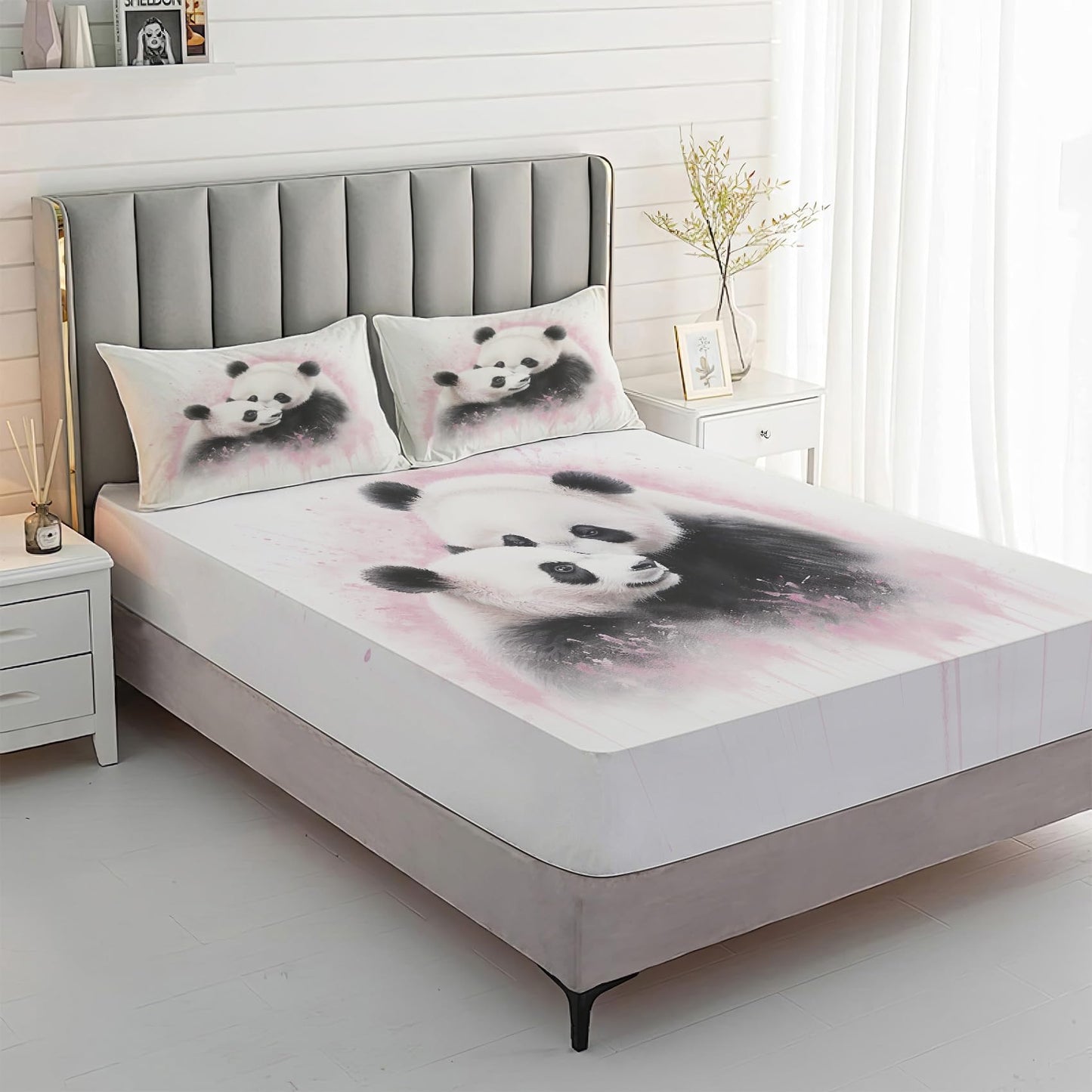 Rejkxyw King Size Sheets Set Panda - Cartoon Bed Sheets - Kids Boys Girls Sheet Set - 12 Inch Deep Pocket - Ultra Soft Winkle Free Microfiber Bedding Sheets & Pillowcases 4 Piece