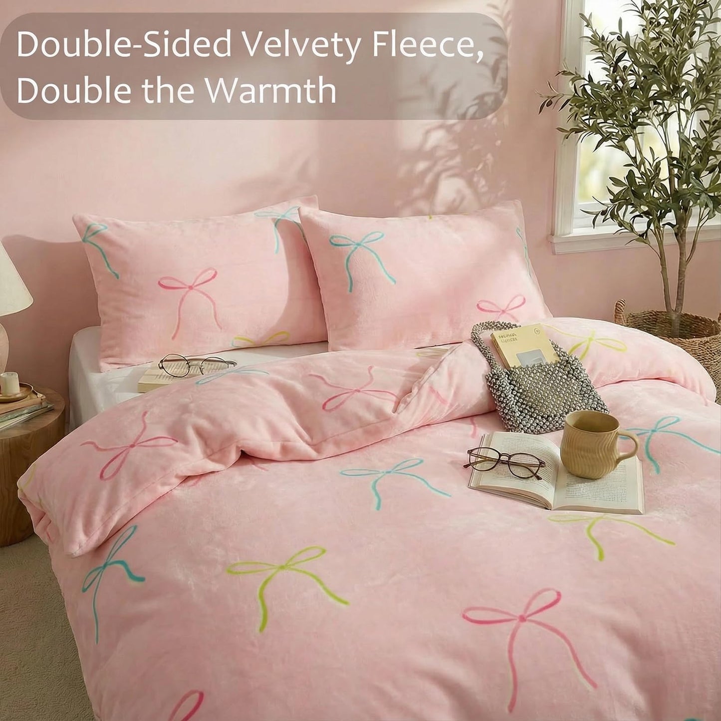 Bedbay Pink Bow Comforter Set King Size Warm Fluffy Fleece Bedding Set Cute Bowknot Teen Girls Ultra Soft Plush Velvet Comforter King Bed Set Sweet Bow Tie Dreamy Princess Style Bedding 3 Pcs