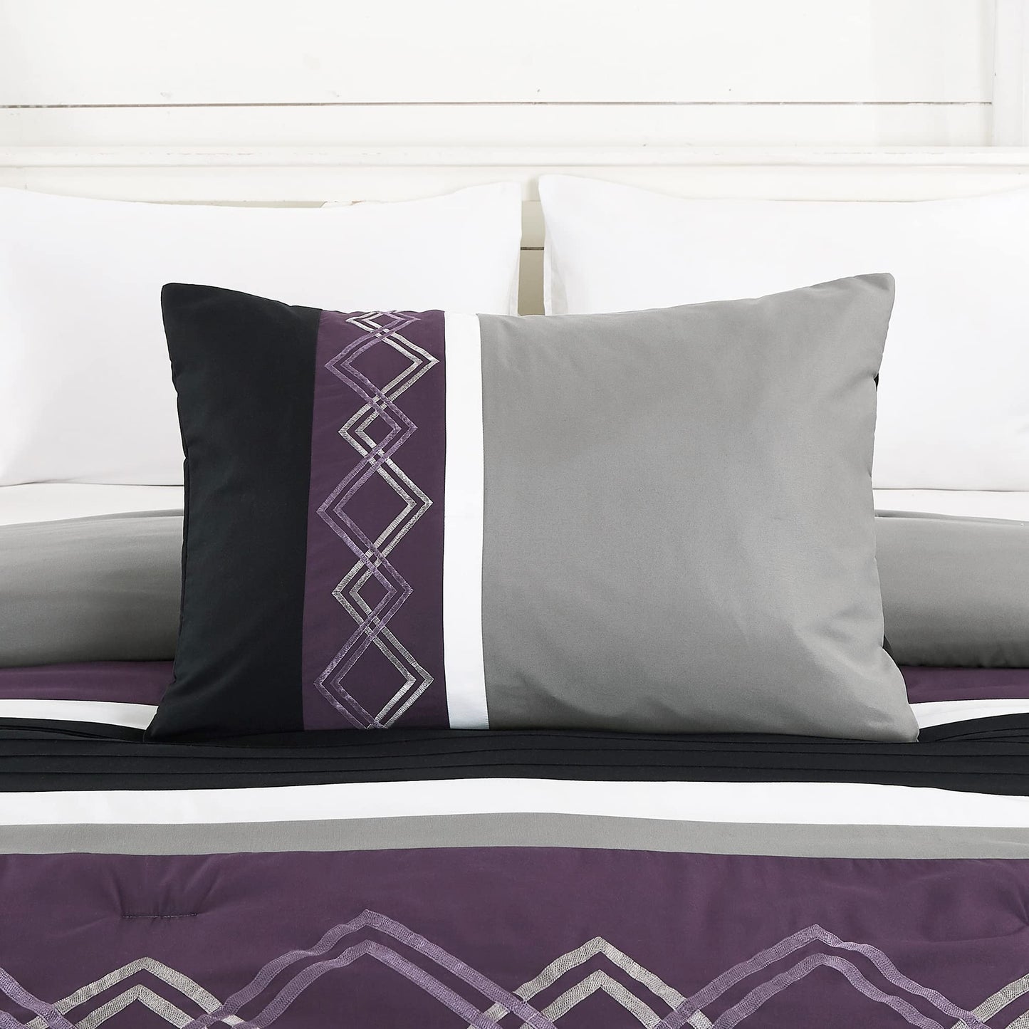 Chezmoi Collection Arden 7-Piece Modern Pleated Stripe Embroidered Zigzag Bedding Comforter Set (King, Purple/Black/Gray/White)