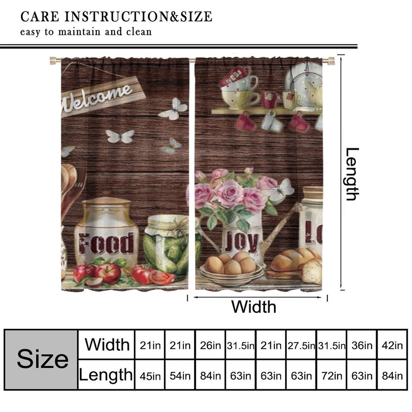 Farmhouse Vintage Curtains Rustic Retro Plank Tableware Ingredients and Fruits Wood Rod Pocket Window Treatments for Kitchen Living Dining Room Bedroom 2 Panel Set 41" x 45" (No Blackout)