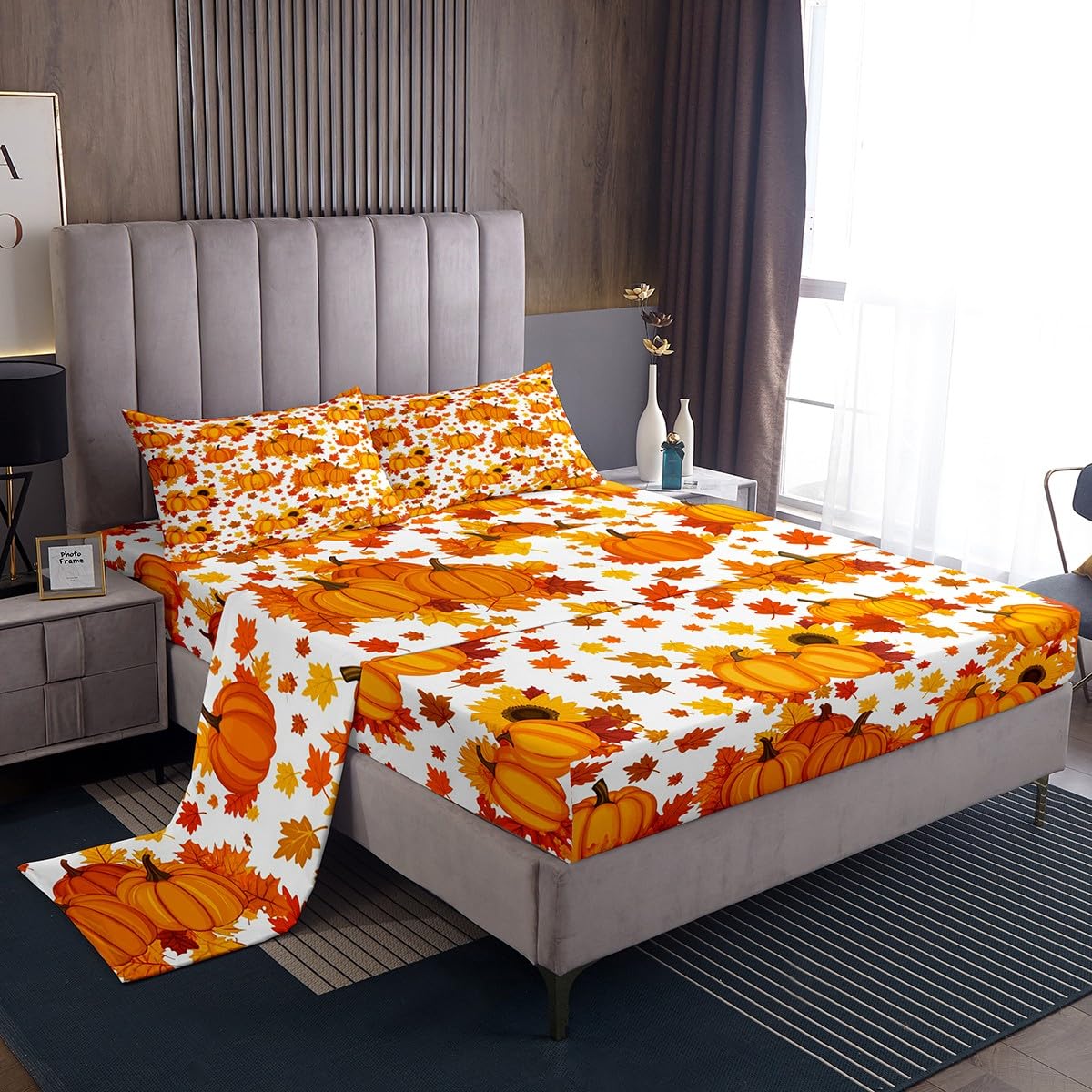 Fall Pumpkin Bed Sheets Queen Autumn Maple Leaves Bedding Set Thanksgiving Harvest Season Decor Sheet Set For Home,Rustic Farmhouse Sunflower Fitted Sheet Orange White Flat Sheet + 2 Pillow Cases
