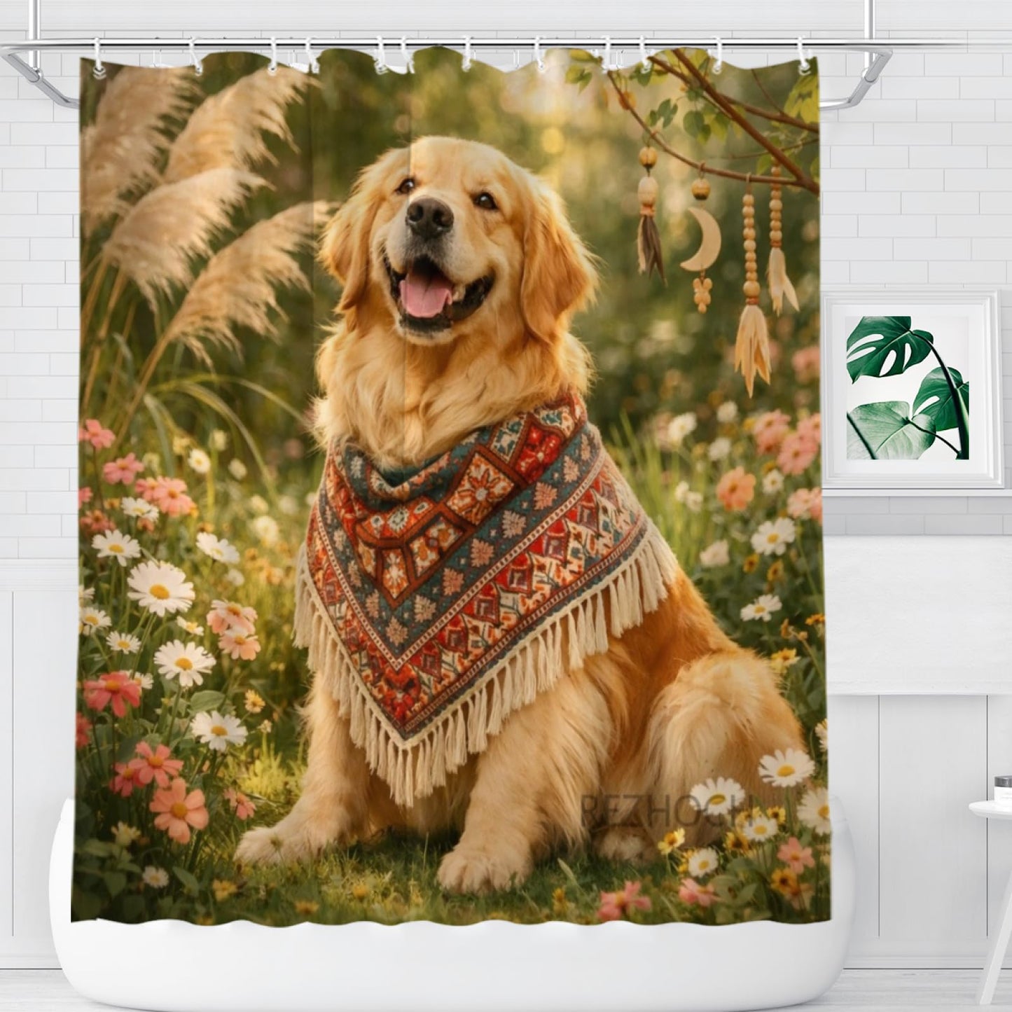 REZHOCH Boho Fun Golden Retriever Shower Curtain 72x72Inch,Cute Floral Daisy Animal Home Bathroom Decor,Rustic Nature Farmhouse Woodland Bohemian Waterproof Fabric Bath Set with Hooks