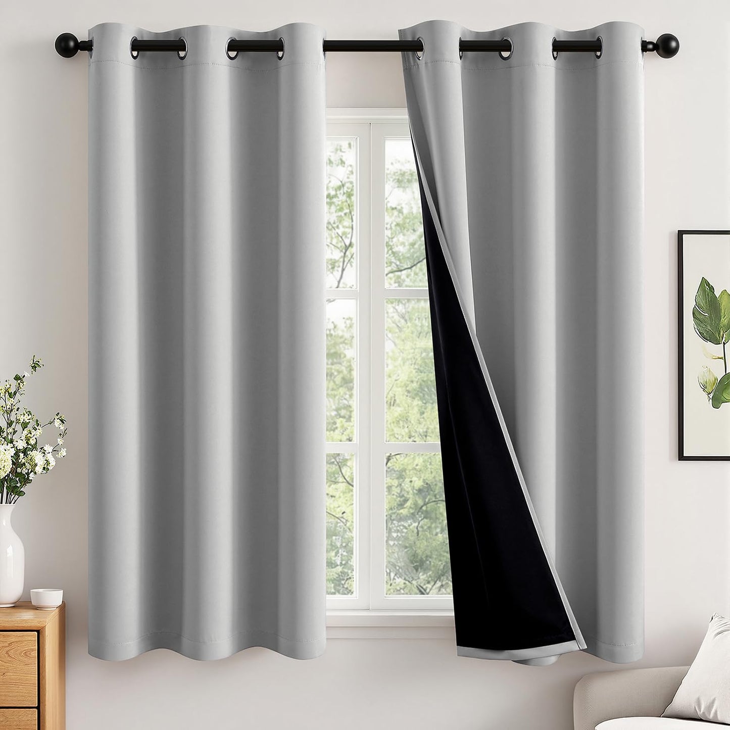 MIULEE Light Grey 100% Blackout Curtains for Bedroom 63 Inch Long, 2 Thick Layers Thermal Insulated Black Out Window Curtains with Black Liner, Noise Reducing Grommet Living Room Drapes 2 Panels