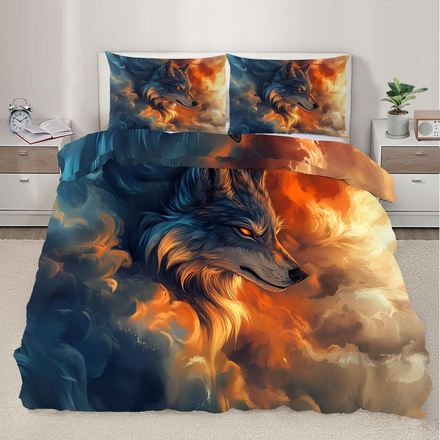 PAISUOQ Wolf Print Duvet Cover Full Size, Galaxy Wolf Bedding, 3 Piece, Soft Microfiber Patterned Comforter Cover with Zipper Ties & 2 Pillowcase, Abstract Animals Bedroom Decor & Gifts