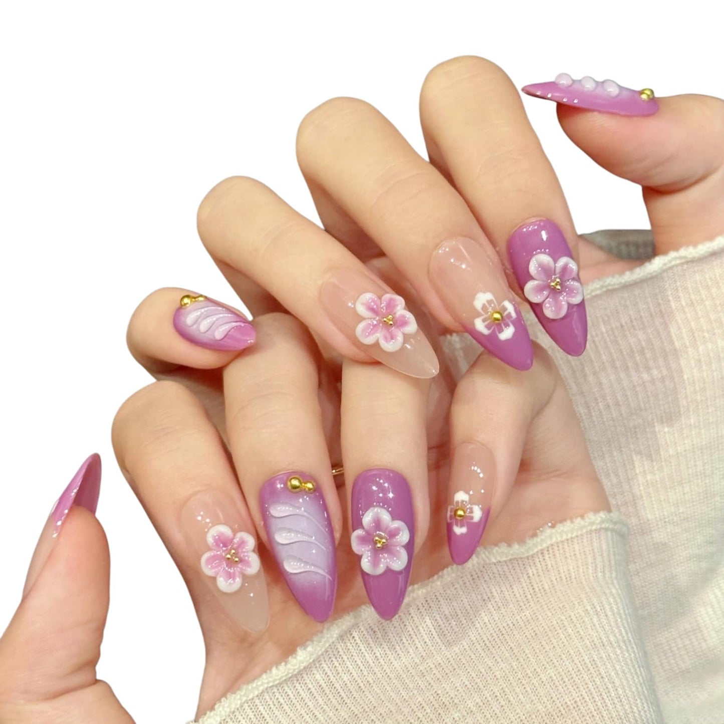Tesytto Handmade Press on Nails Almond Shape Glossy Reusable False Nails for Nail Art (Purple Dream, M)