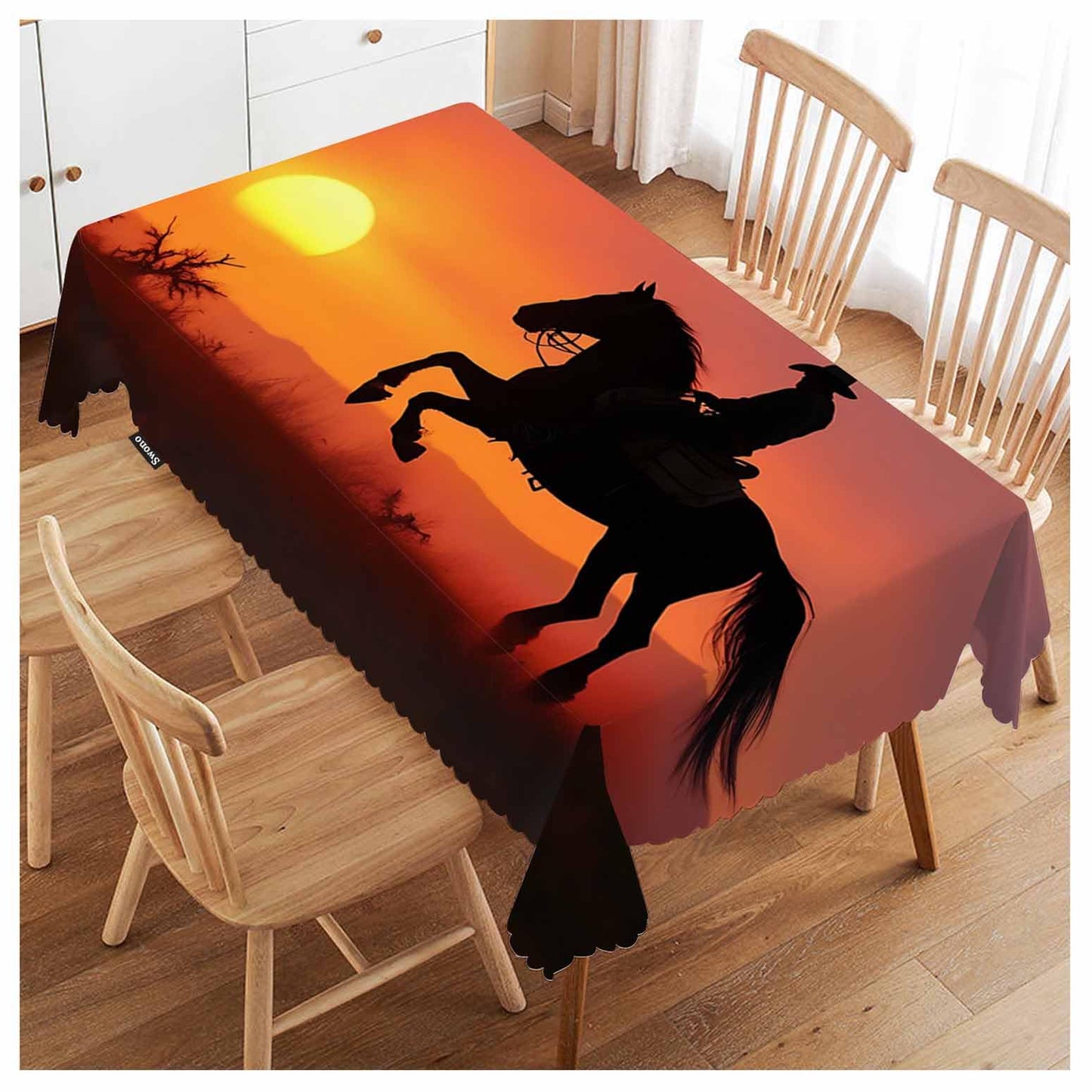 Swono Rectangle Tablecloth Cowboy Table Cover 52x70 Inch Western Cowboy Horse Sunset Ranch Heavy Duty Table Cloth for Rectangle Tables Decorative Tablecloth for Dining Party Camping BBQ