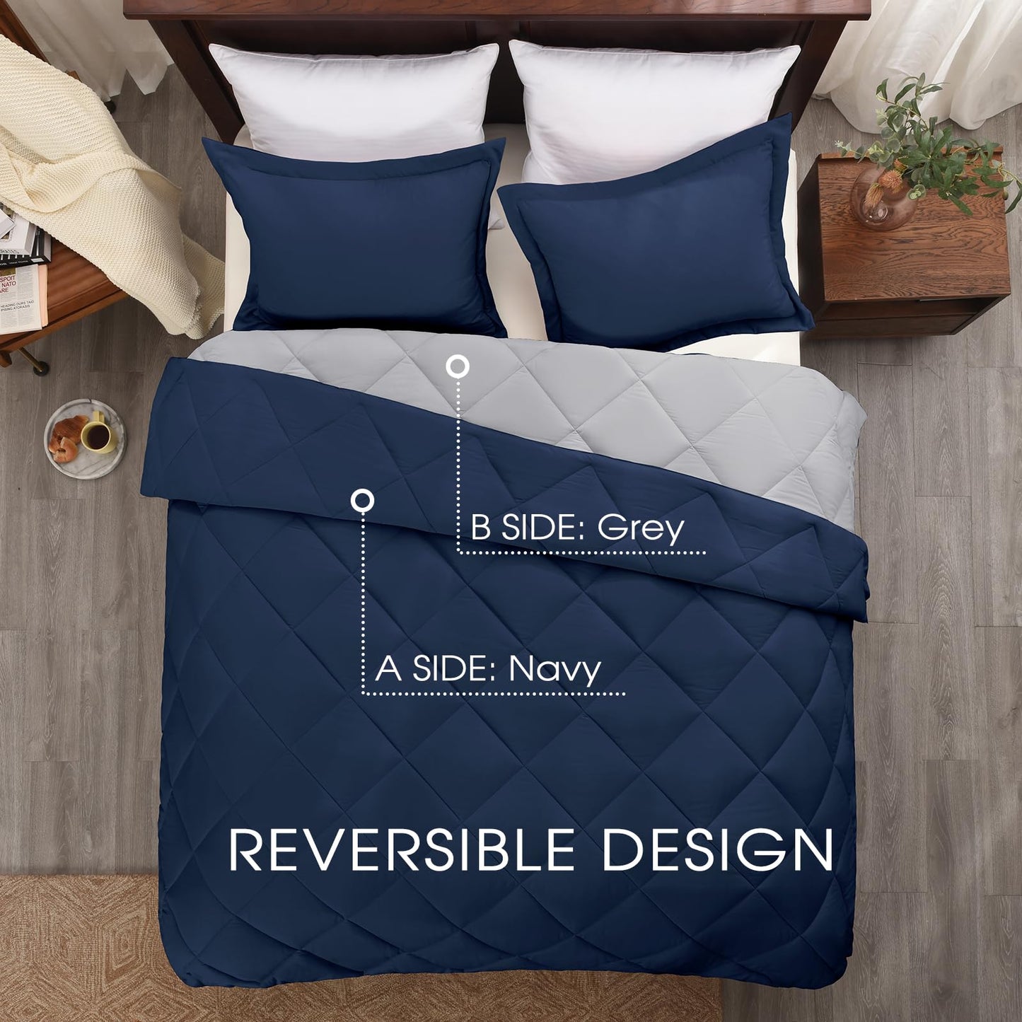 Basic Beyond Queen Comforter Set - Navy Blue Comforter Set Queen Size, Reversible Bed Comforter Queen Set for All Seasons, Navy/Grey, 1 Comforter (88"x92") and 2 Pillow Shams (20"x26"+2")