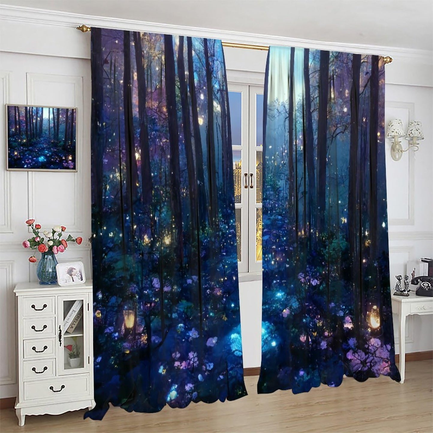 Magical Forest Curtains, Mystic Purple Forest Nature Scenery Print Rod Pocket Room Darkening Window Treatments for Living Room Bedroom Kitchen 42x45 Inch