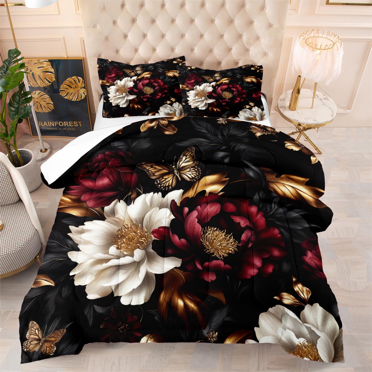 CCoutueChen Black Floral Comforter Set Queen Size 3 Pieces Farmhouse Botanical Flower Bedding Set Modern Aesthetic Bedding Soft Lightweight Down Alternative Comforter Sets with 2 Pillowcases