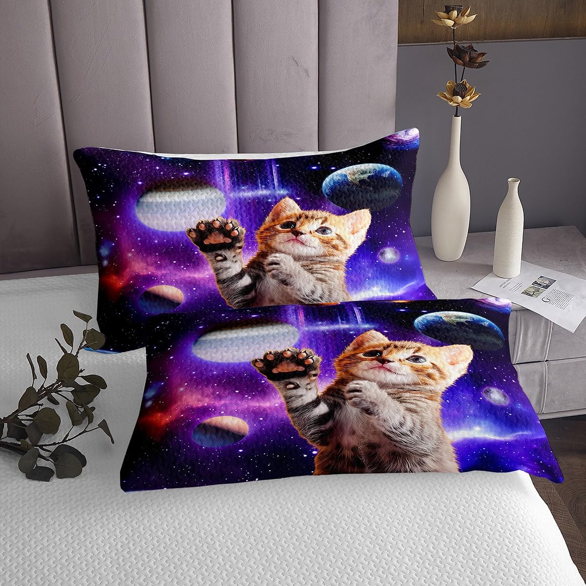 Feelyou Galaxy Cat Duvet Cover Set Universe Galaxy Bedding Set for Kids Boys Girls Cute Kitten Printed Comforter Cover Outer Space Planets Quilt Cover Bedroom Collection 3Pcs Full Size
