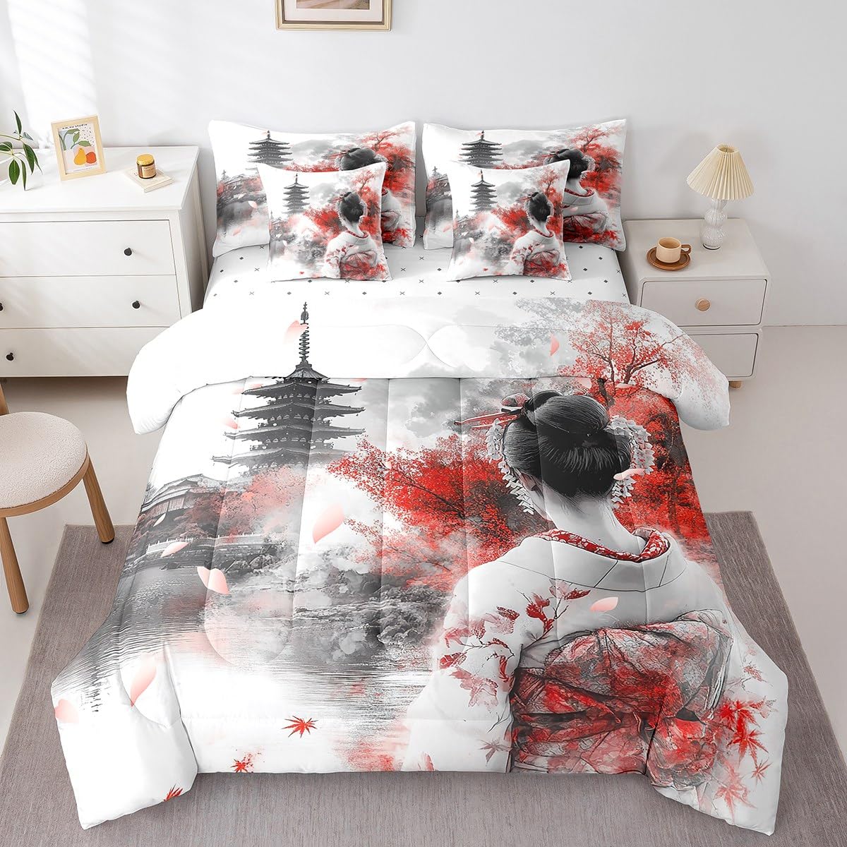 Feelyou Japanese Geisha Comforter Set Twin 7 Pcs Cherry Blossoms Maple Leaf Lake Bedding Set Japanese Style Traditional Architecture Bed in a Bag with Comforter, Sheets, Pillowcases & Cushion Cover
