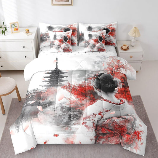 Feelyou Japanese Geisha Comforter Set Twin 7 Pcs Cherry Blossoms Maple Leaf Lake Bedding Set Japanese Style Traditional Architecture Bed in a Bag with Comforter, Sheets, Pillowcases & Cushion Cover