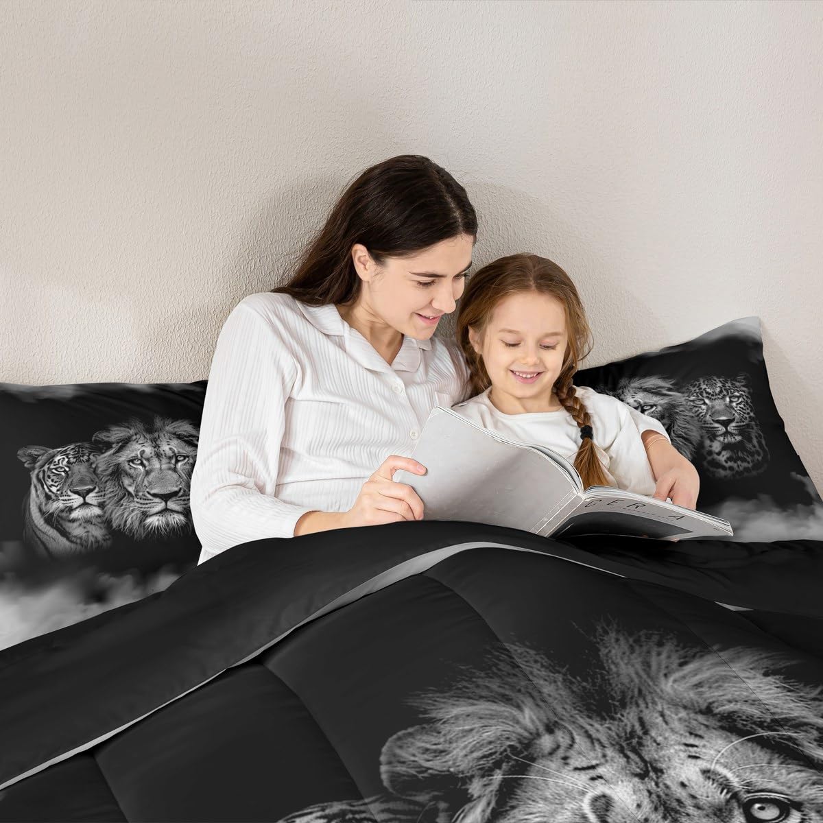 Wild Animals Comforter Set Queen Size Tiger Lion Leopard 3D Bedding Set 3pcs for Kids Boys Men Home Room Decor,Black White Smog Quilt Set Modern Microfiber Duvet Insert with 2 Pillowcases