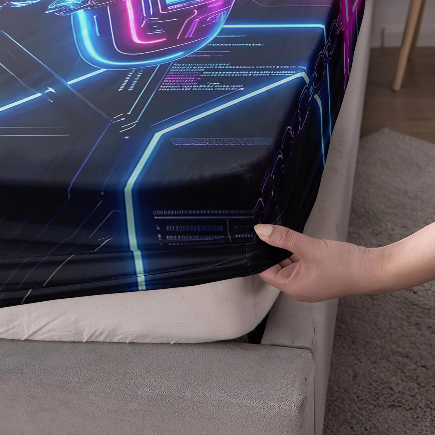AILONEN Gaming Fitted Sheet Set Full - Neon Controller Print Microfiber Sheet - Modern Gamer Bedding for Boys Girls & Decor - 2 Pillowcases