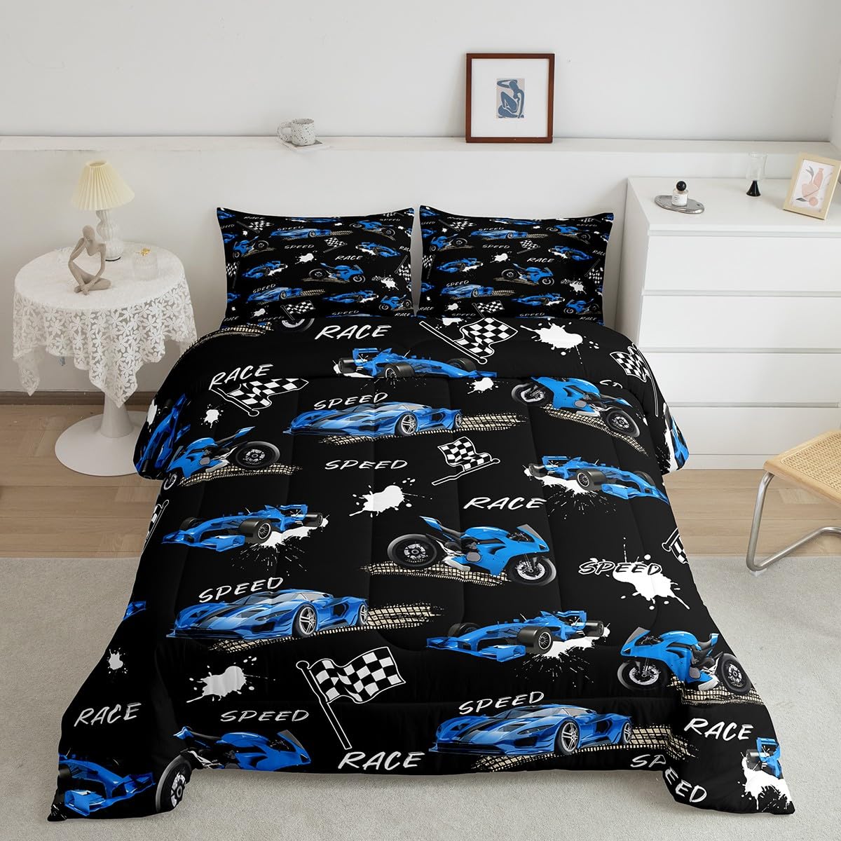 Feelyou Kids Blue Black Race Car Comforter Set Twin Size, Speed Sports Car Bedding Set Boys Girls Dirt Bike Motocross Comforter Racing Car Teens Duvet Set Bedroom Decor 2Pcs