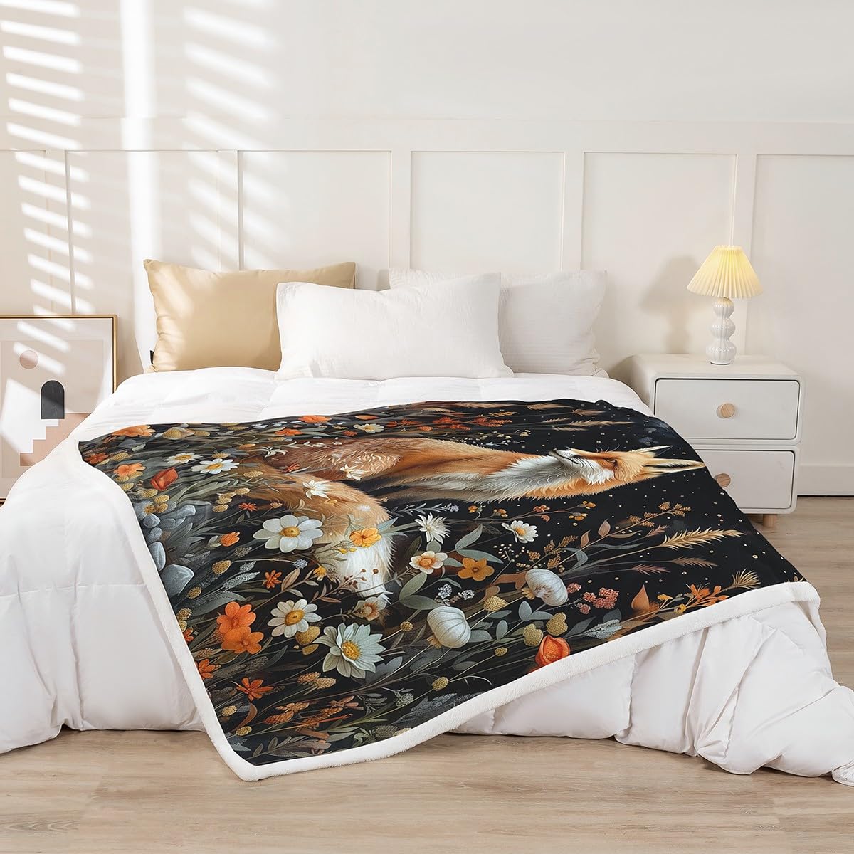 Erosebridal Fox Fleece Blanket Jungle Floral Sherpa Blanket 90"x90", Bohemian Garden Flowers Wild Animal Woodland Animals Fuzzy Plush Throw