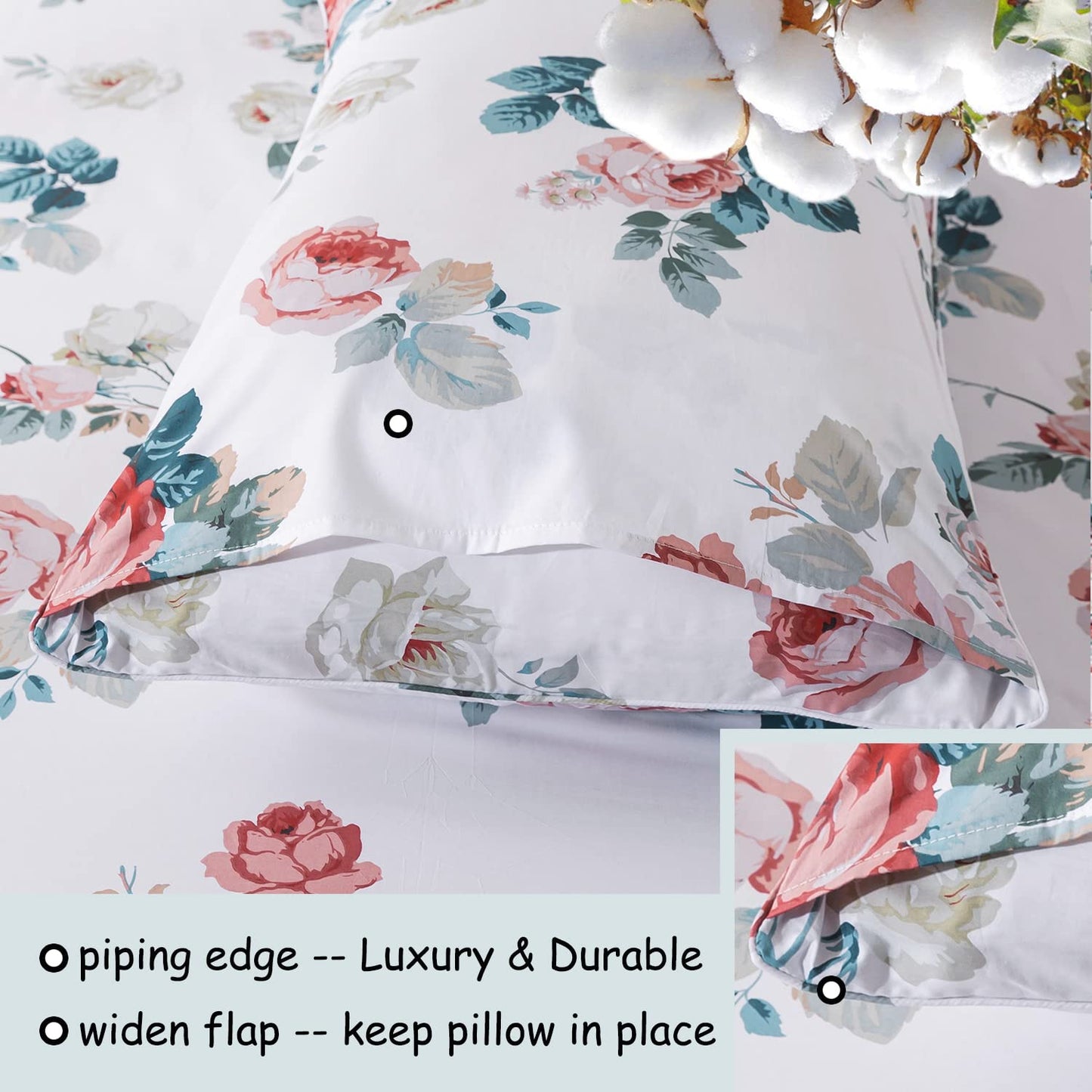 FADFAY Floral Cotton Sheets Queen 100% Cotton Flower Bed Sheets Pink White Dark Blue Leaf Print Shabby Vintage Sheet Set Chic Farmhouse Bedding Soft Crisp Breathable Deep Pocket Fitted Sheet 4Pcs