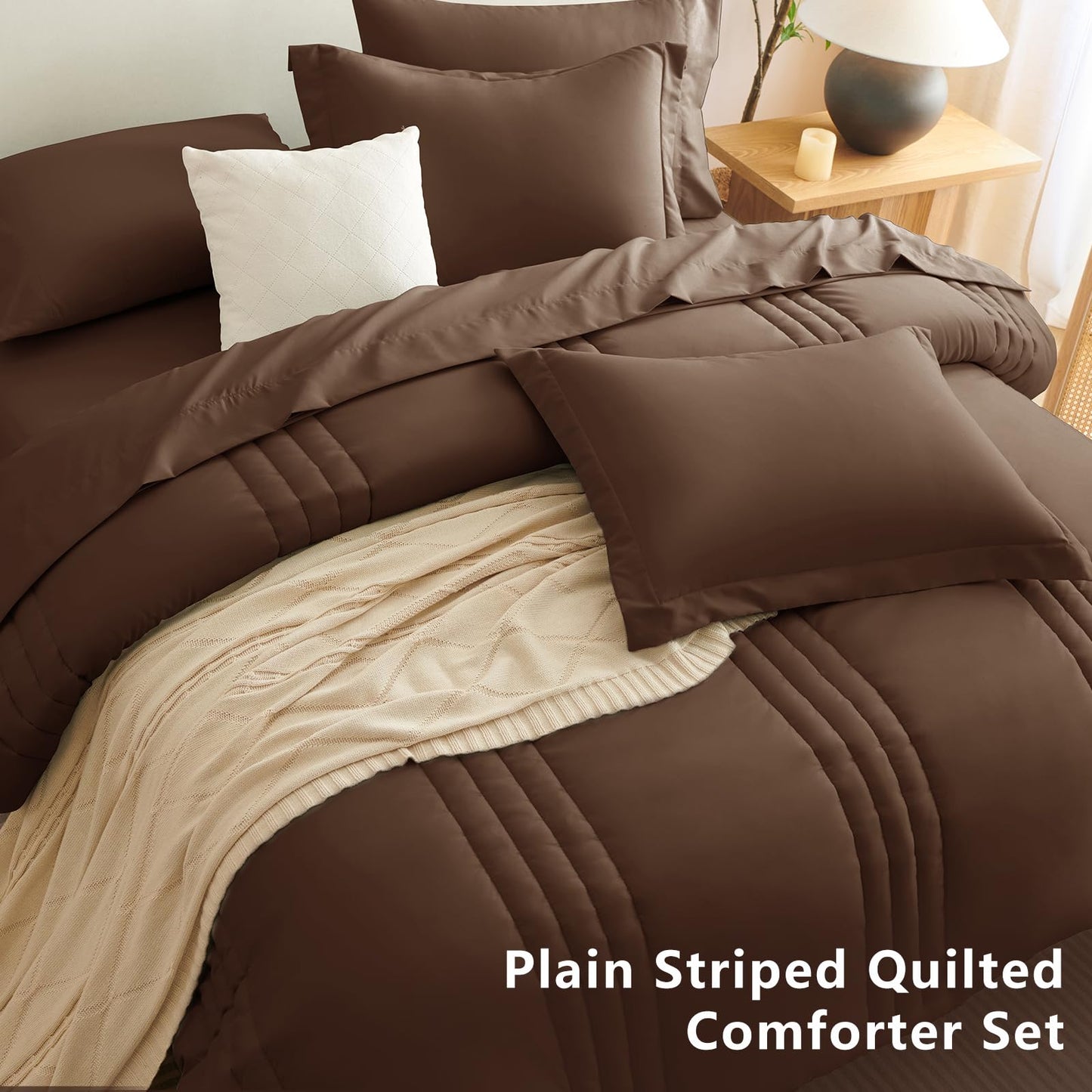 CozyLux Full Size Comforter Sets Brown - 7 Pieces Bed in a Bag, Modern Vertical Quilted Room Decor, Soft All-Season Bedding Gift with Comforter, Sheets, Pillowcases & Shams