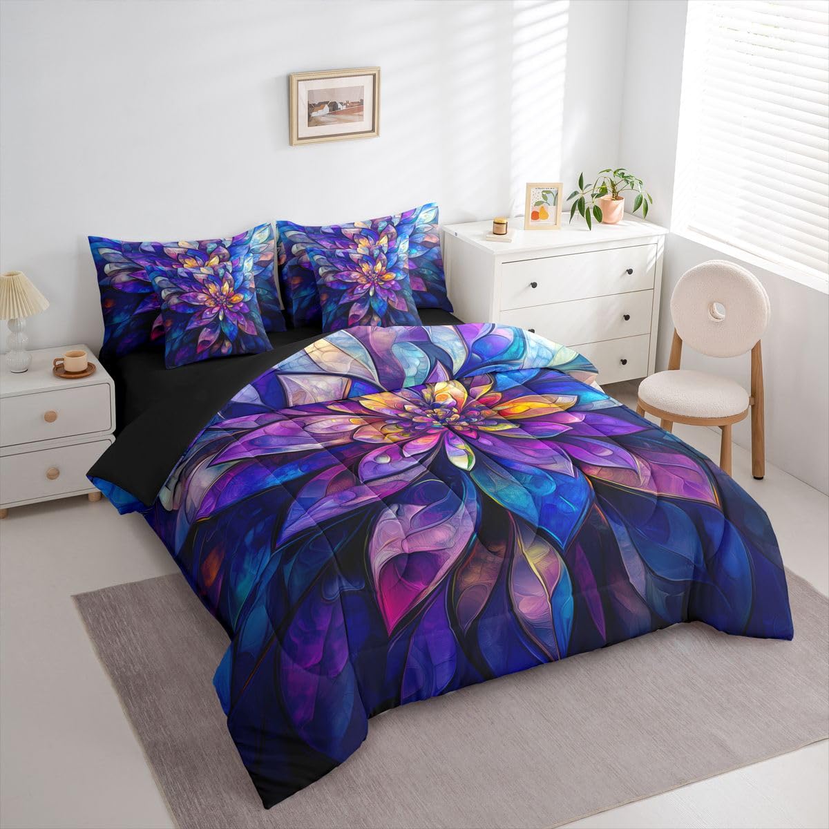 Erosebridal Lotus 7 Piece Bedding Set Twin Stained Glass Comforter Set with Sheets Flowing Light Modern Art Flowers for Kids Boys Girls Geometric Floral Purple Blue Bed in a Bag