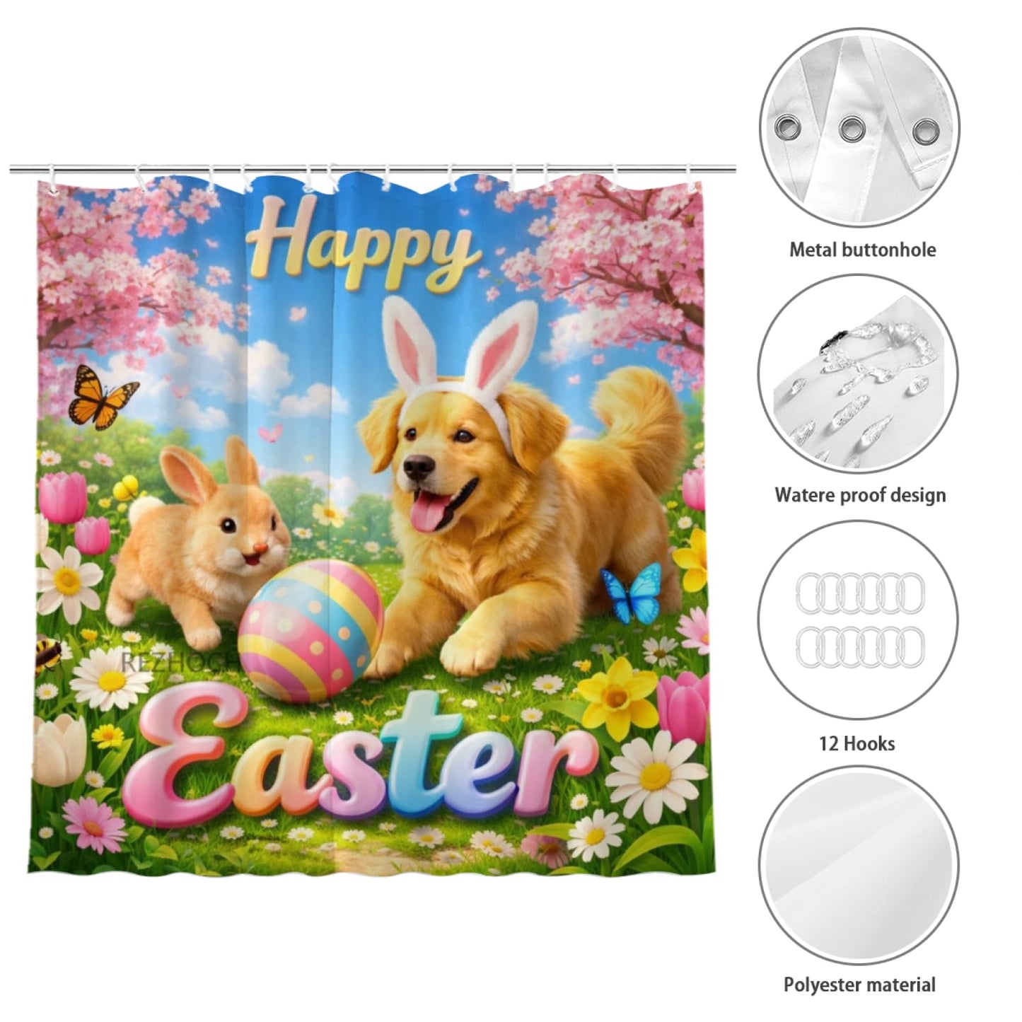 REZHOCH Easter Funny Golden Retriever Shower Curtain 72x72 Inch,Spring Garden Home Bathroom Decor,Cute Bunny Easter Eggs Floral Farmhouse Waterproof Fabric Holiday Bath Set with Hooks